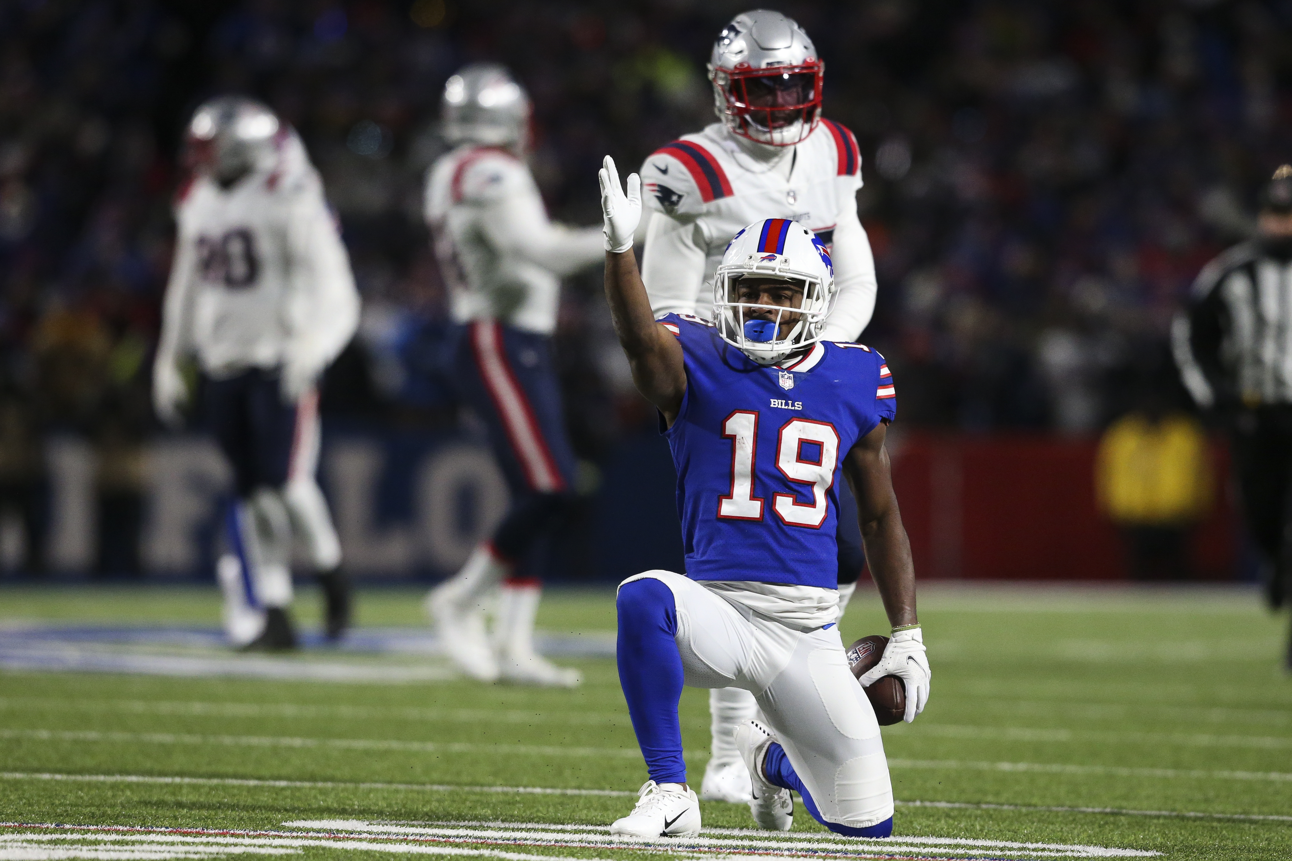 Buffalo Bills wide receiver Gabriel Davis (13) celebrates after scoring a  touchdown during the second half of an NFL wild-card playoff football game  against the New England Patriots, Saturday, Jan. 15, 2022