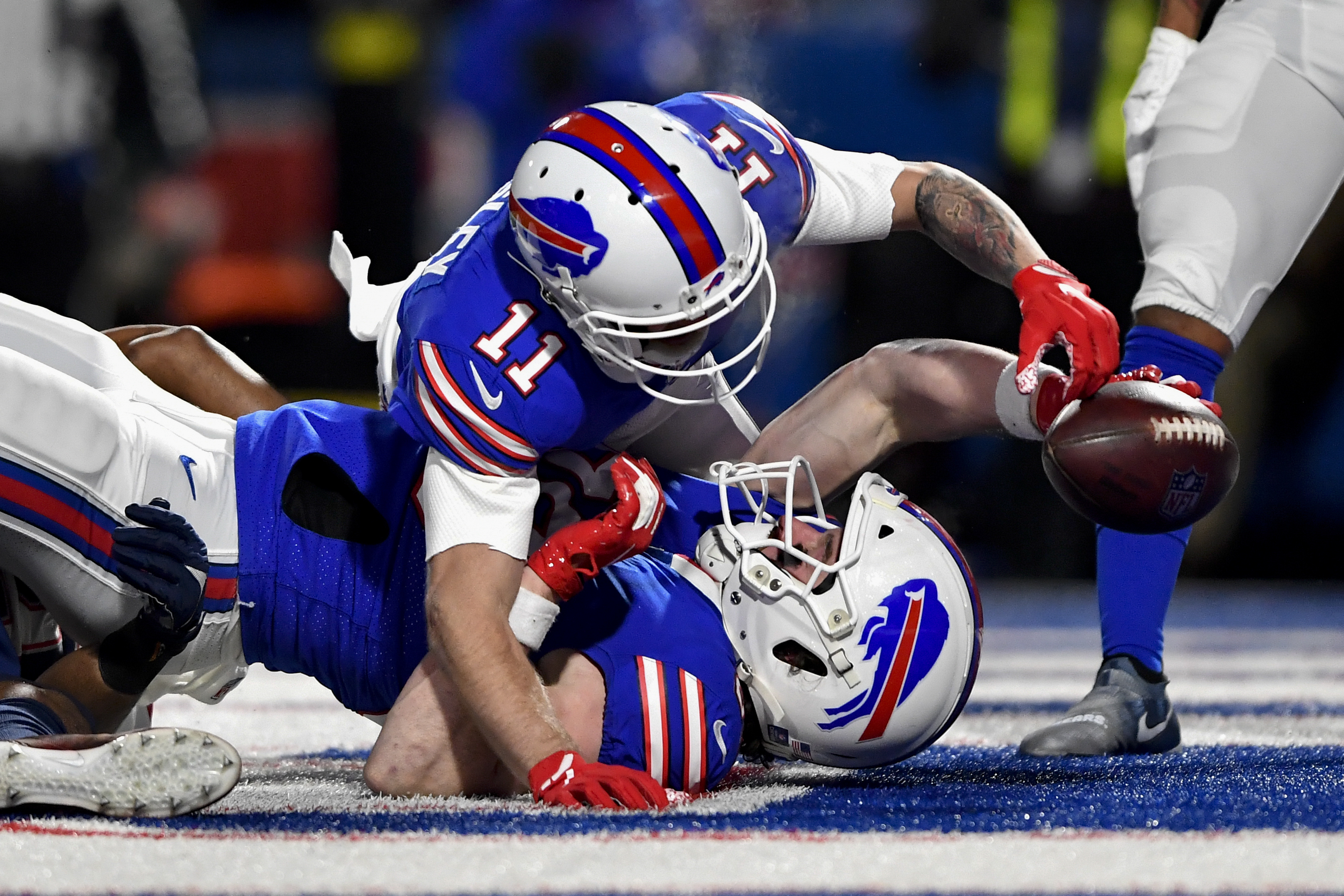 Buffalo Bills wide receiver Gabriel Davis (13) celebrates after scoring a  touchdown during the second half of an NFL wild-card playoff football game  against the New England Patriots, Saturday, Jan. 15, 2022