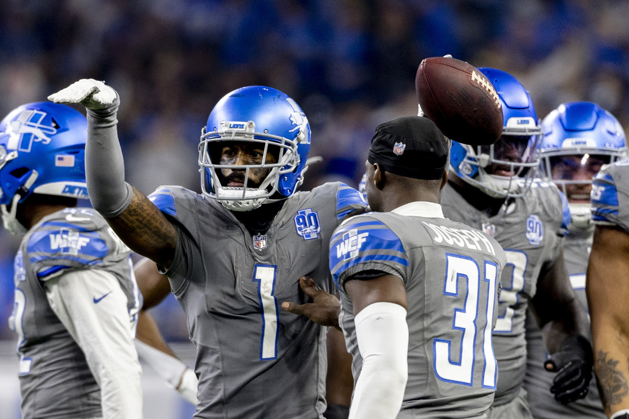 Detroit Lions cornerback Cam Sutton celebrates after an interception during the fourth quarter of the last regular season game against the Minnesota Vikings on Sunday, Jan. 7, 2024 at Ford Field in Detroit.