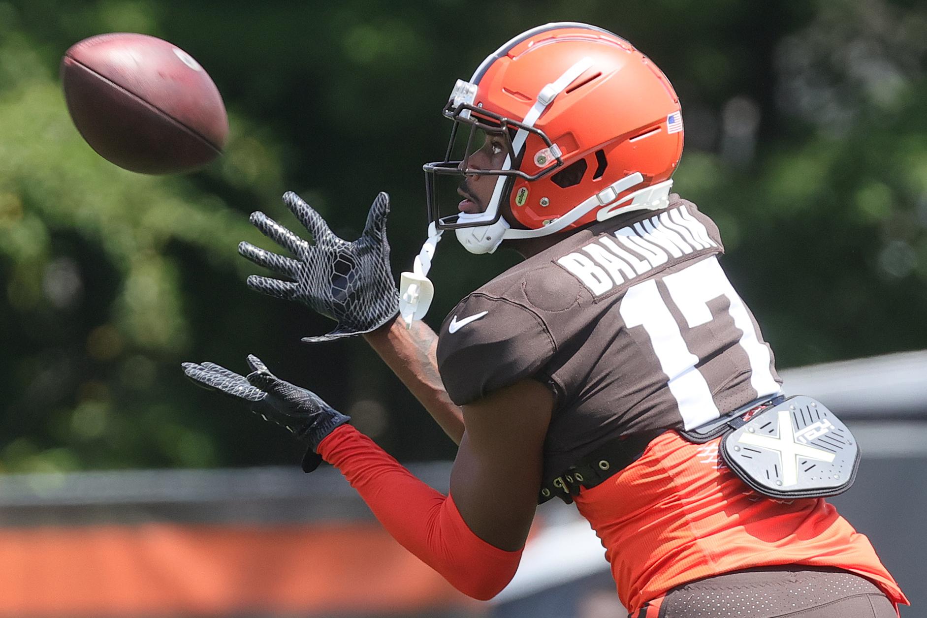 Cleveland Browns wide receiver Daylen Baldwin (17) leaves the field after a  preseason NFL football game against the Jacksonville Jaguars, Friday, Aug.  12, 2022, in Jacksonville, Fla. (AP Photo/Phelan M. Ebenhack Stock