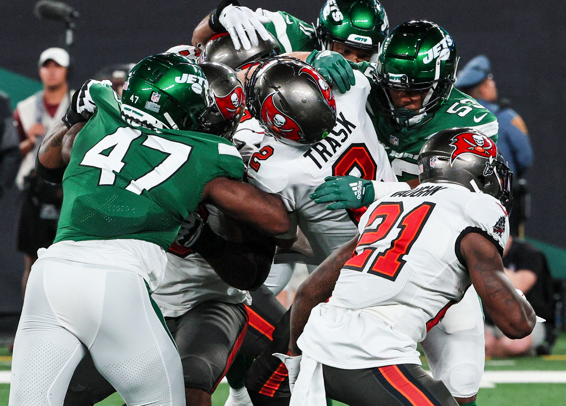 EAST RUTHERFORD, NJ - AUGUST 19: Mike Greene 91 of the Tampa Bay Buccaneers  during the Preseason