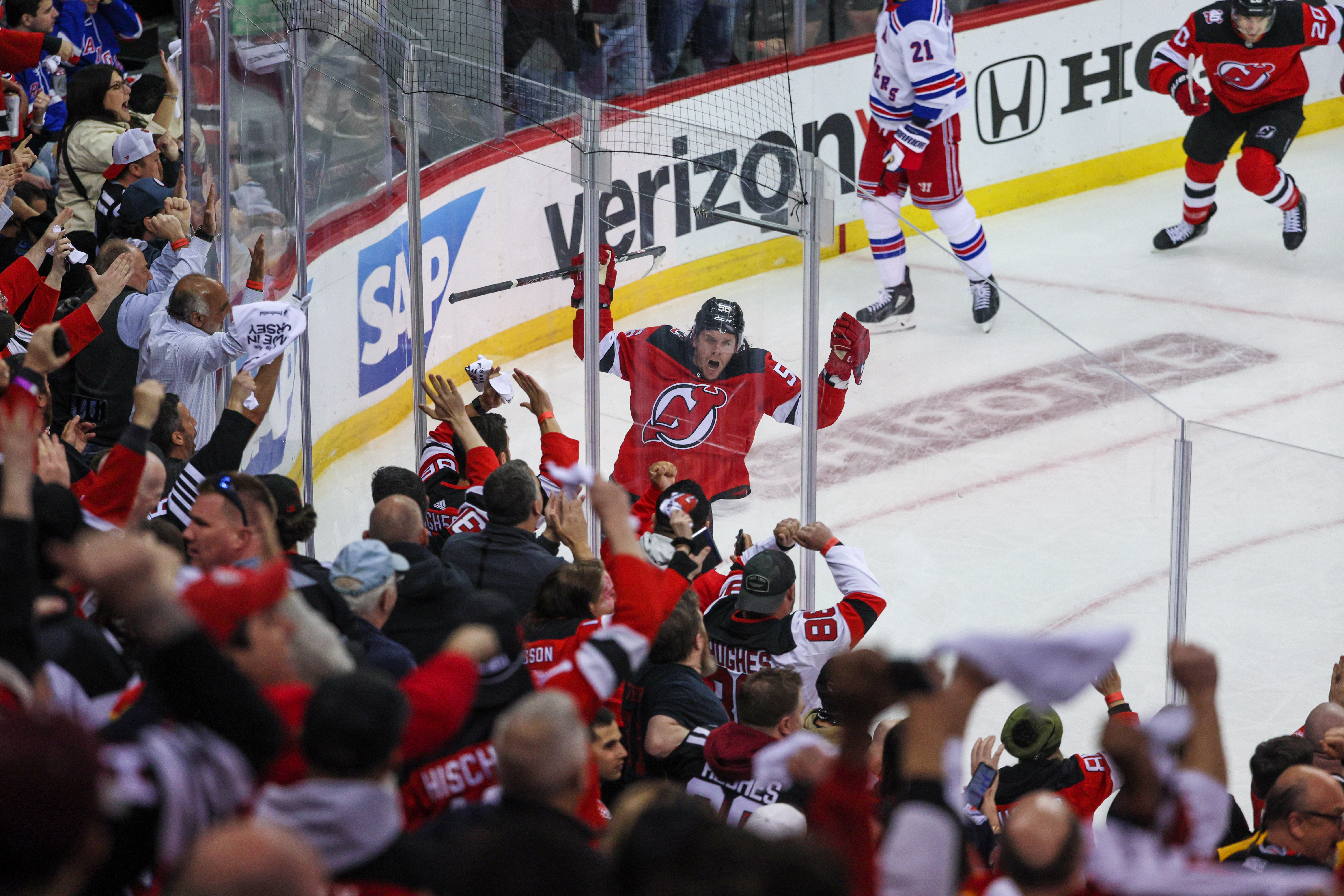 New Jersey Devils' Erik Haula celebrates his goal during the first period  of Game 2 of an NHL hockey Stanley Cup first-round playoff series against  the New York Rangers in Newark, N.J.