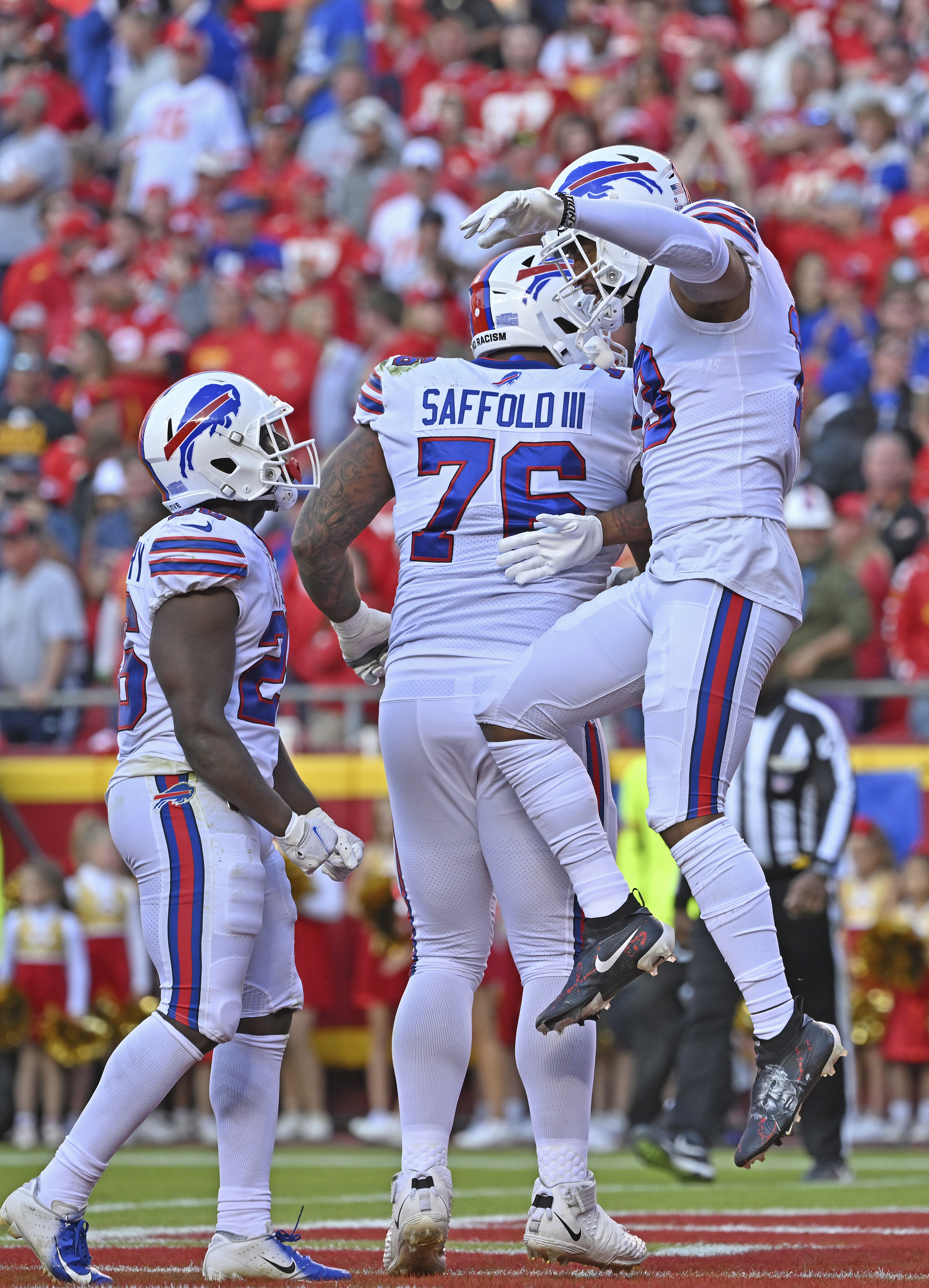 Buffalo Bills wide receiver Gabe Davis celebrates after scoring a touchdown  against the Kansas City Chiefs during the first half of an NFL football game,  Sunday, Oct. 16, 2022 in Kansas City