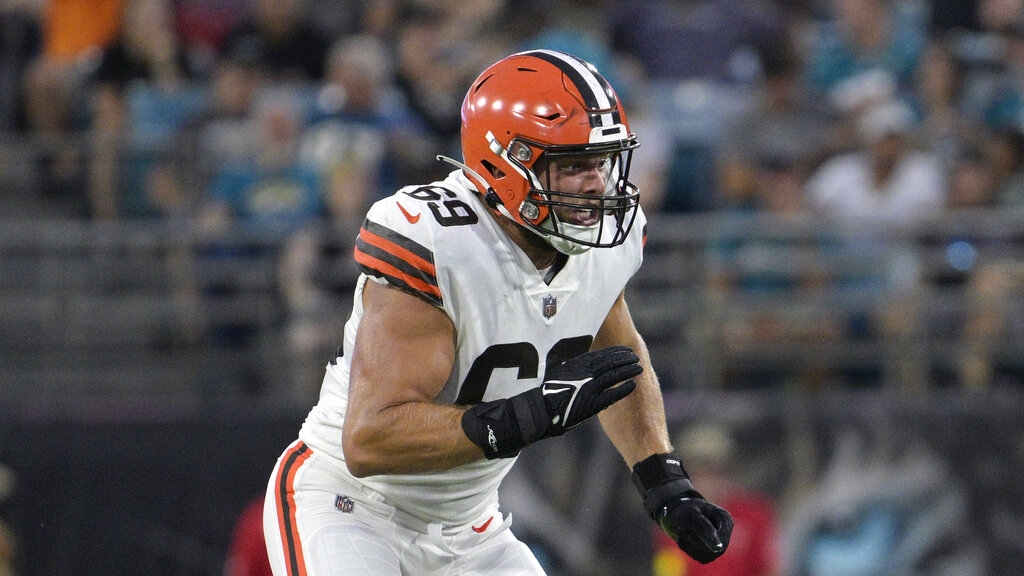 The Cleveland Browns offense and the Jacksonville Jaguars defense line up  at the line of scrimmage during the first half of a preseason NFL football  game, Friday, Aug. 12, 2022, in Jacksonville