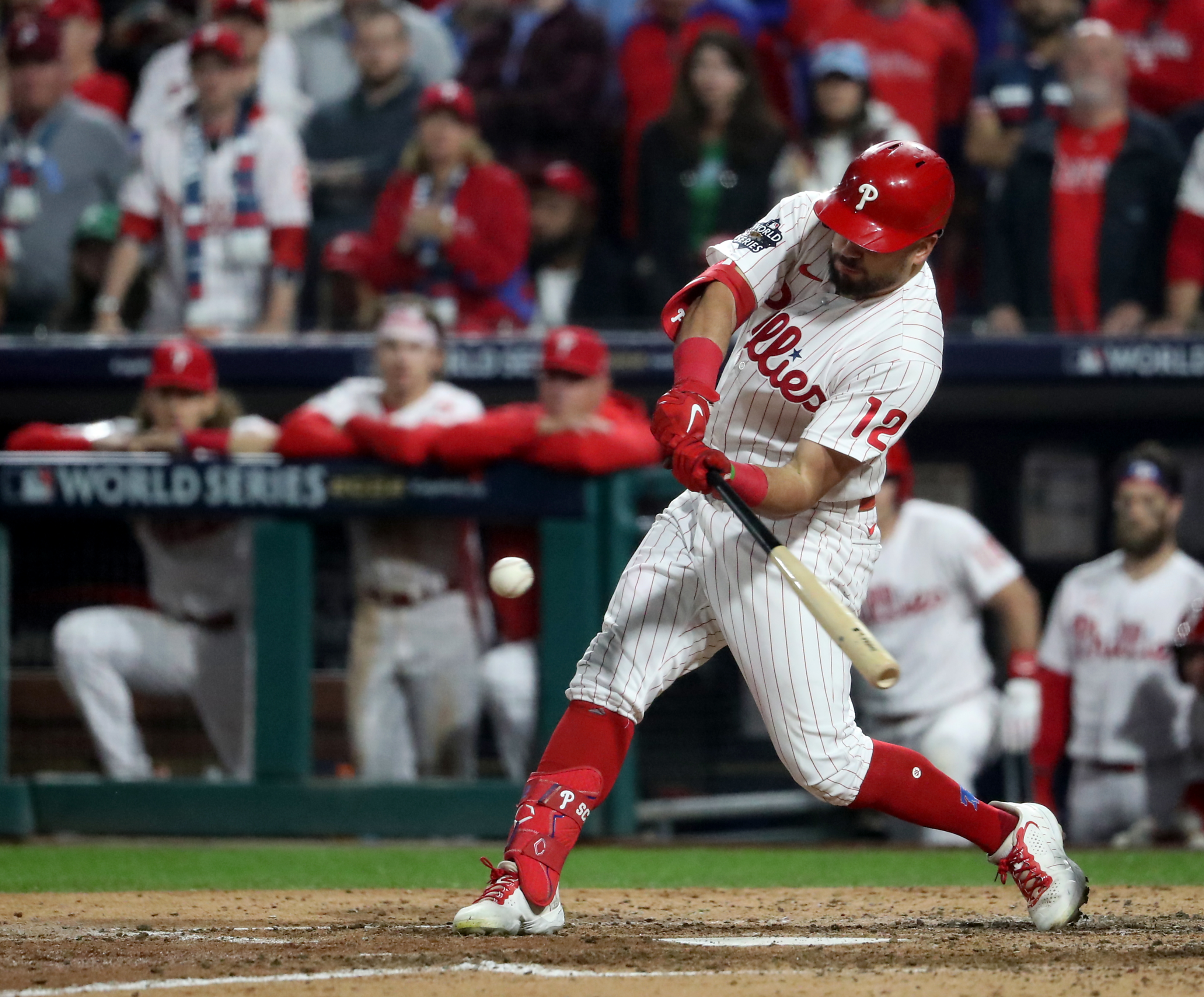 Kyle Schwarber (12) of the Philadelphia Phillies hits a 2-run home run in the fifth inning to give the Phillies a 6-0 lead during World Series Game 3 against the Houston Astros at Citizens Bank Park, Tuesday, Nov. 1, 2022.
