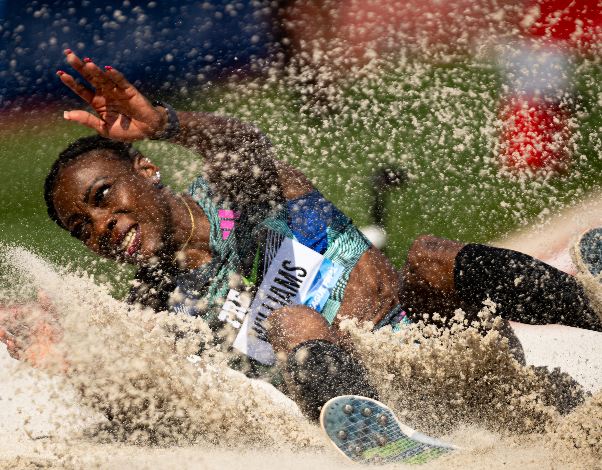 Kimberly Williams of Jamaica competes in the women's triple jump at the Prefontaine Classic track and field meet on Saturday, Sept. 16, 2023, at Hayward Field in Eugene.