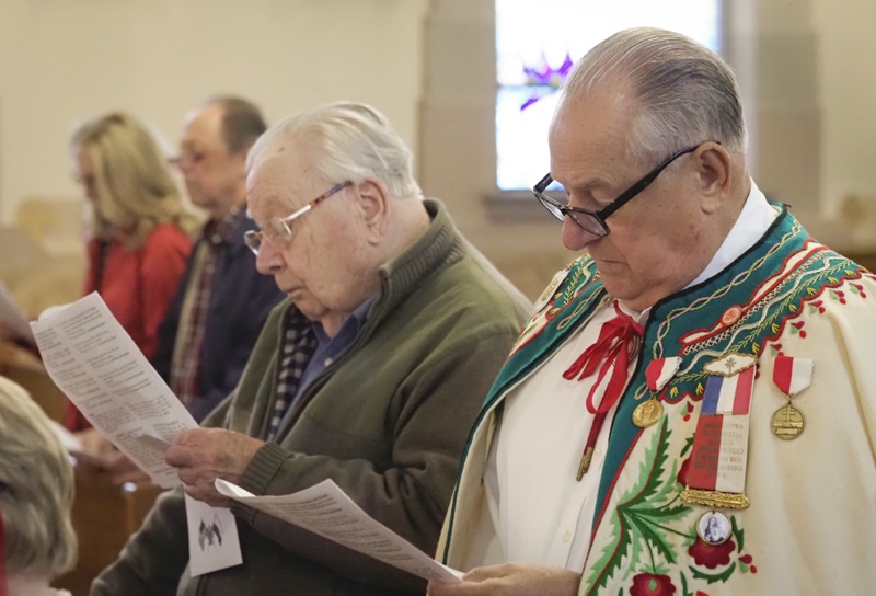 General Casimir Pulaski was honored during the Polish-American Heritage Holy Mass celebrated on October 10, 2022, at St. Valentine Polish National Catholic Church in Northampton. Here Robert Gibowicz of East Longmeadow and Fred Zimnoch of Northampton recite a prayer during the service. 