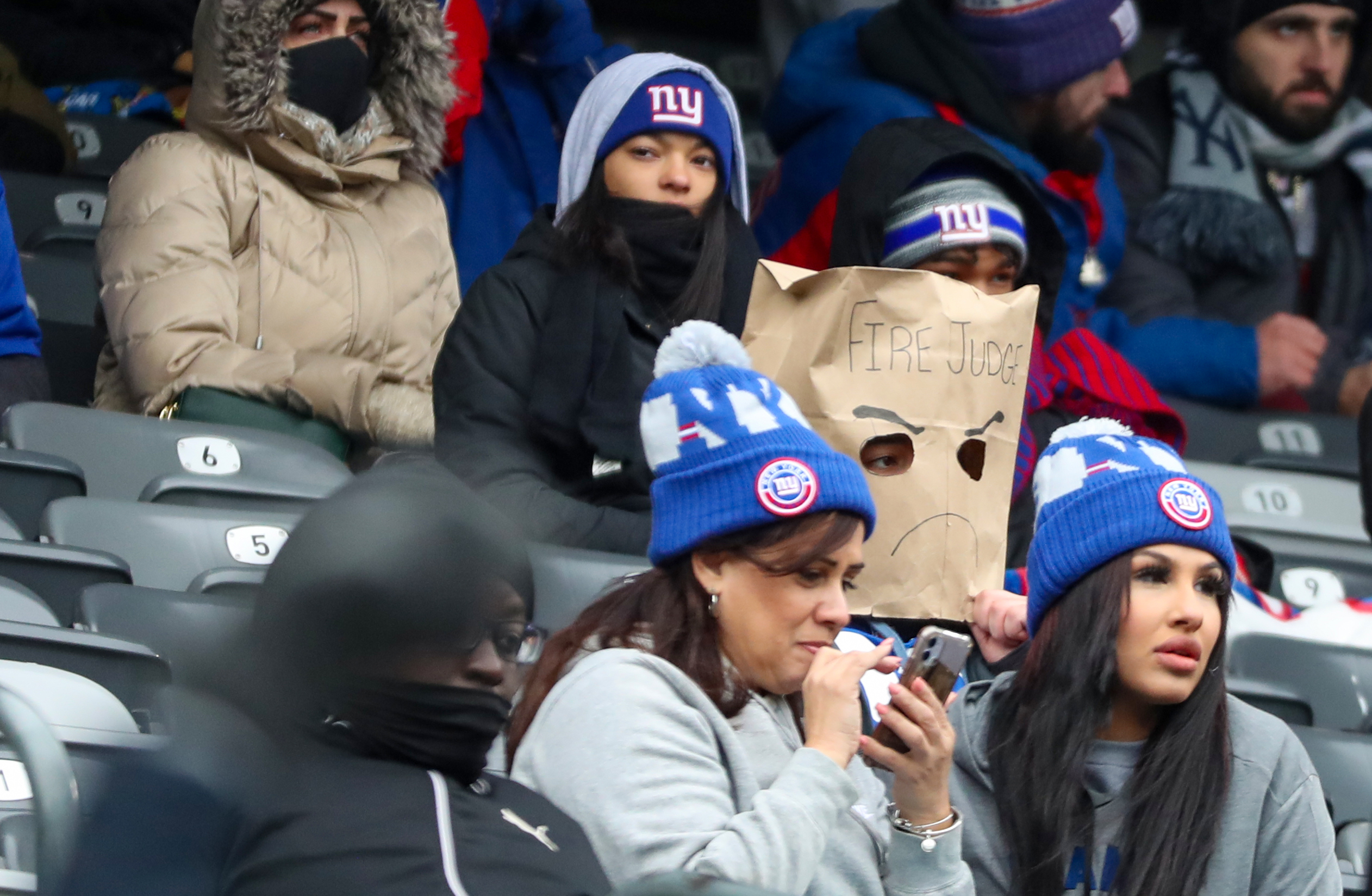 A fan wearing a bag on his head during the second quarter against the Washington Football Team on Sunday, Jan. 9, 2022 in East Rutherford, N.J.
