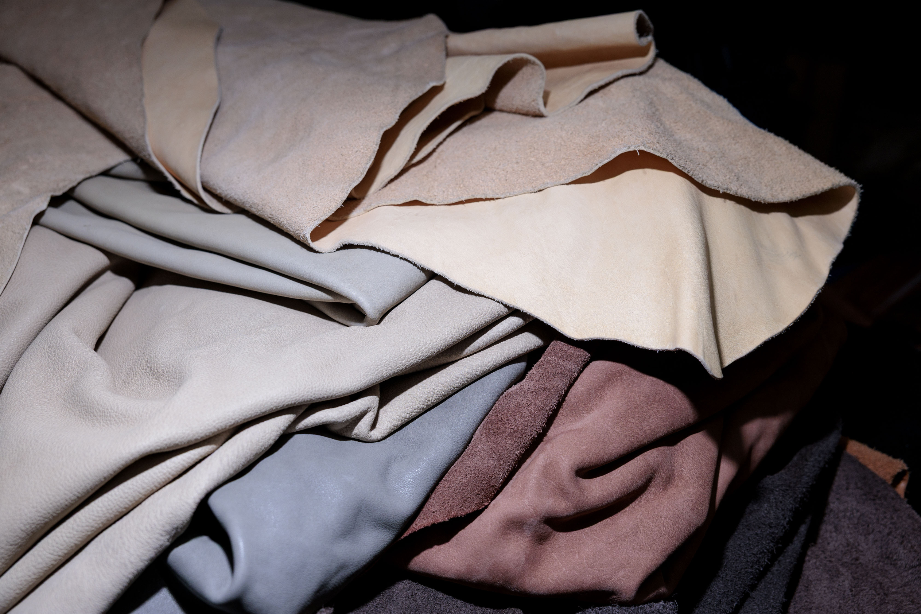 Automotive leather is piled for sorting at Pingree Detroit, 15707 Livernois in Detroit on Monday, Oct. 6 2025.