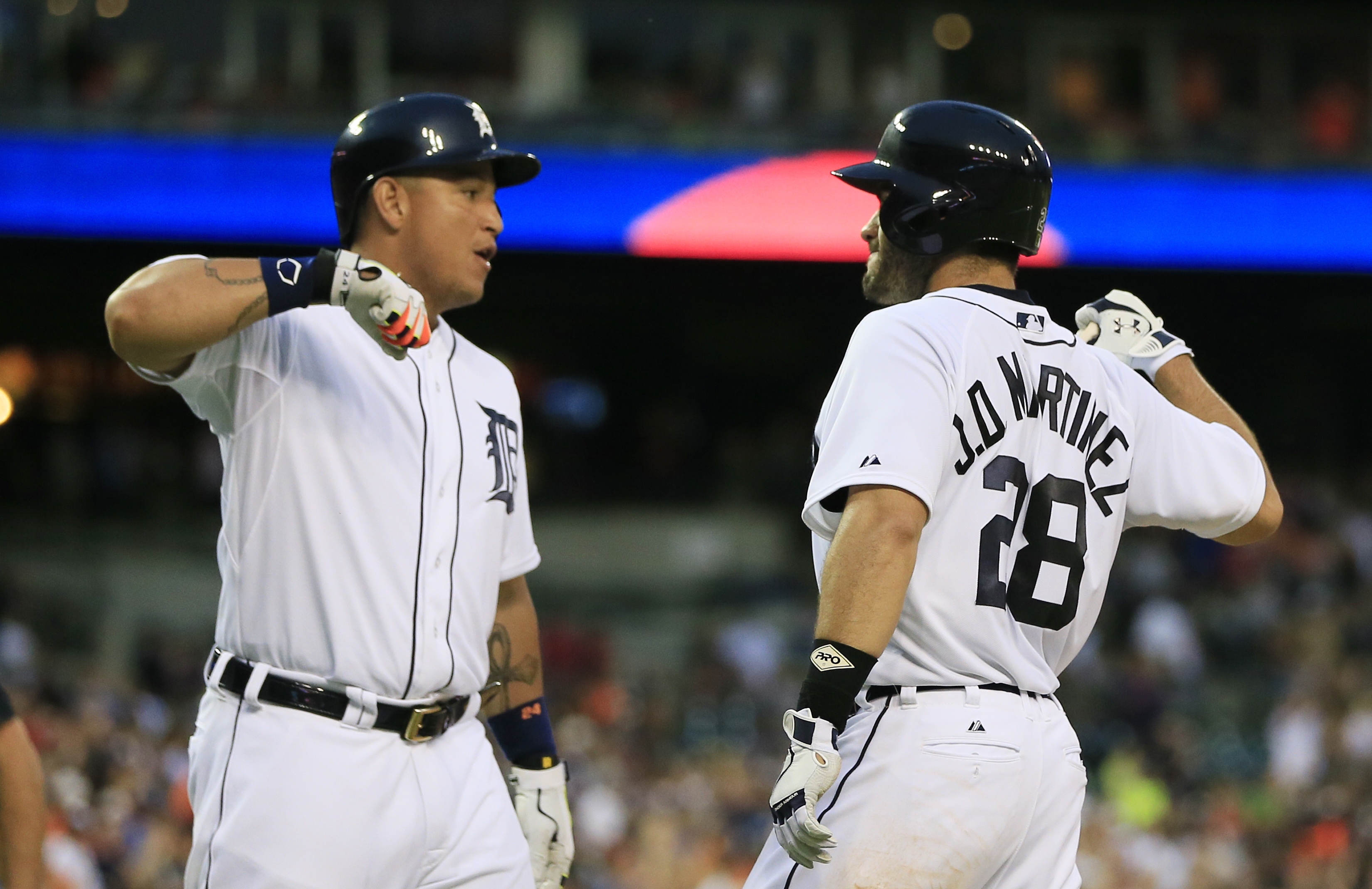 Detroit Tigers right fielder J.D. Martinez (28) eyes home plate as