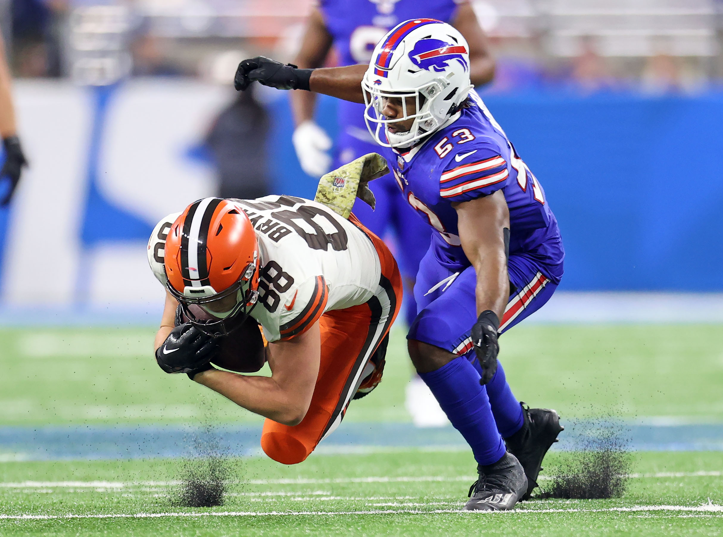 Tyrel Dodson of the Buffalo Bills tackles Nick Chubb of the