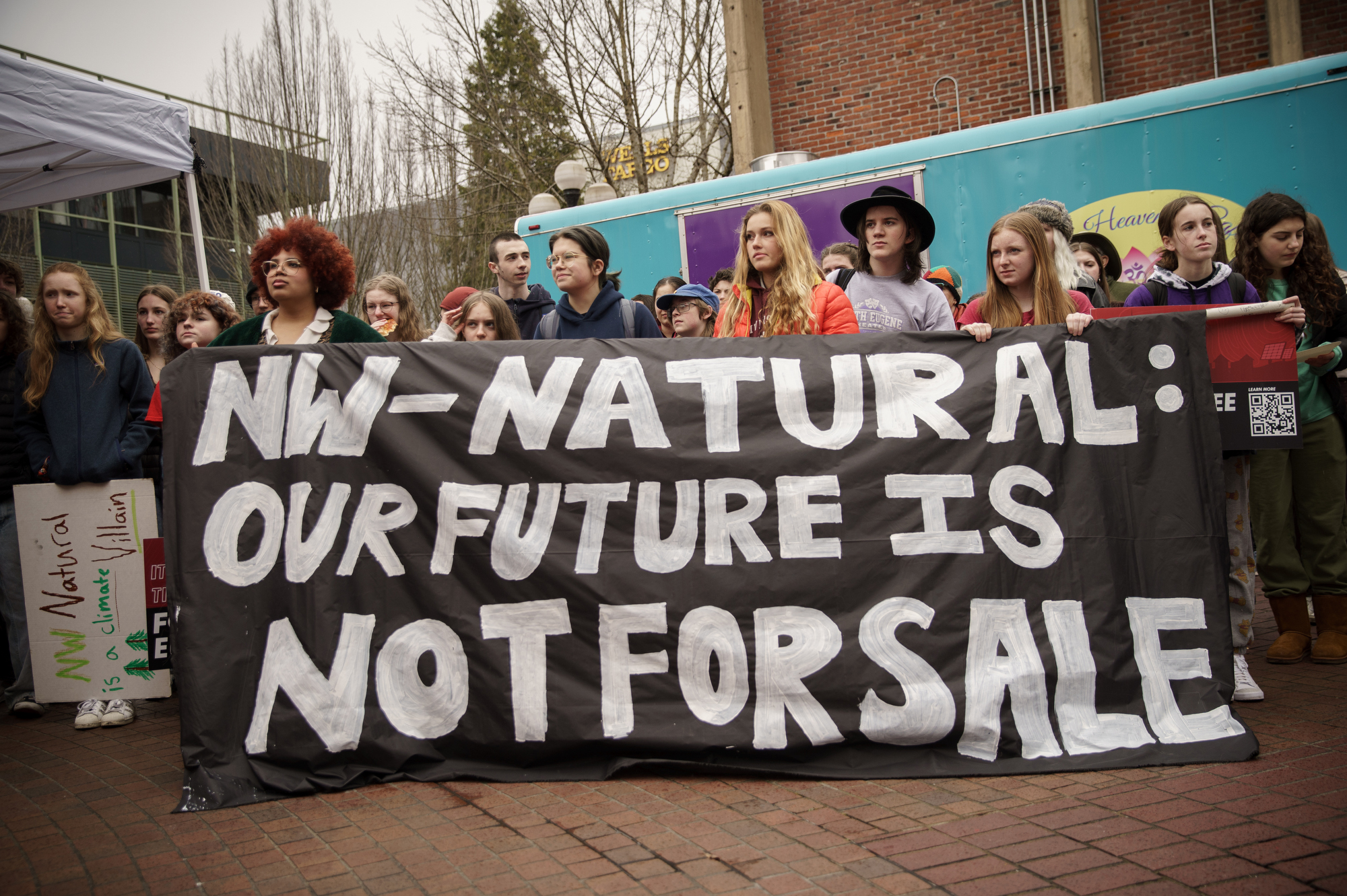 Students in Eugene, Ore., marched out of school Friday, March 3rd, 2023, to protest Northwest Natural Gas Co.’s effort to reverse the city’s new natural gas ban using a ballot referendum. The students, from both high schools and the University of Oregon, converged at Kesey Square, a brick plaza in downtown, where they gave speeches, sang, cheered, and chanted. 