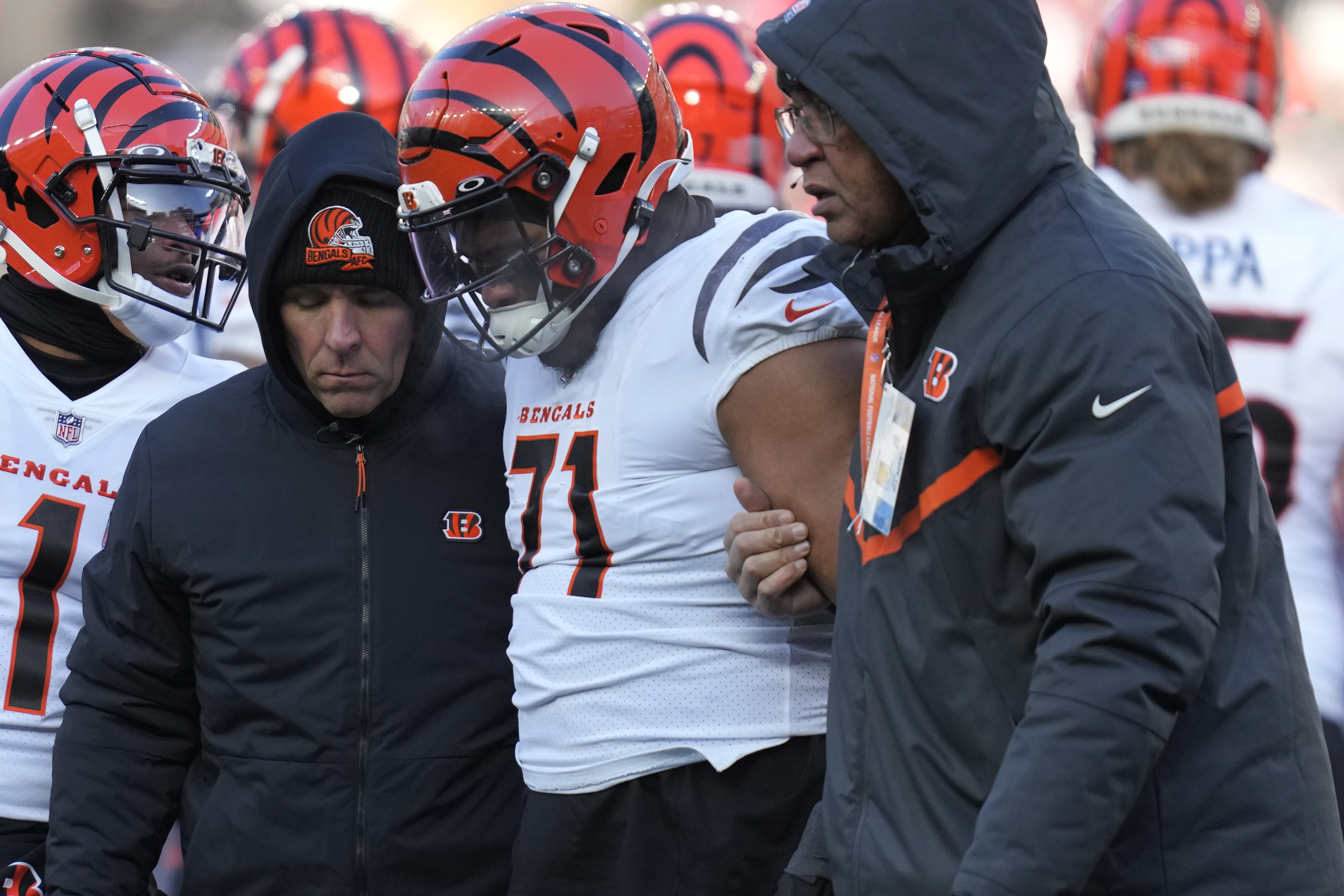 Cincinnati Bengals offensive tackle D'Ante Smith looks on during a