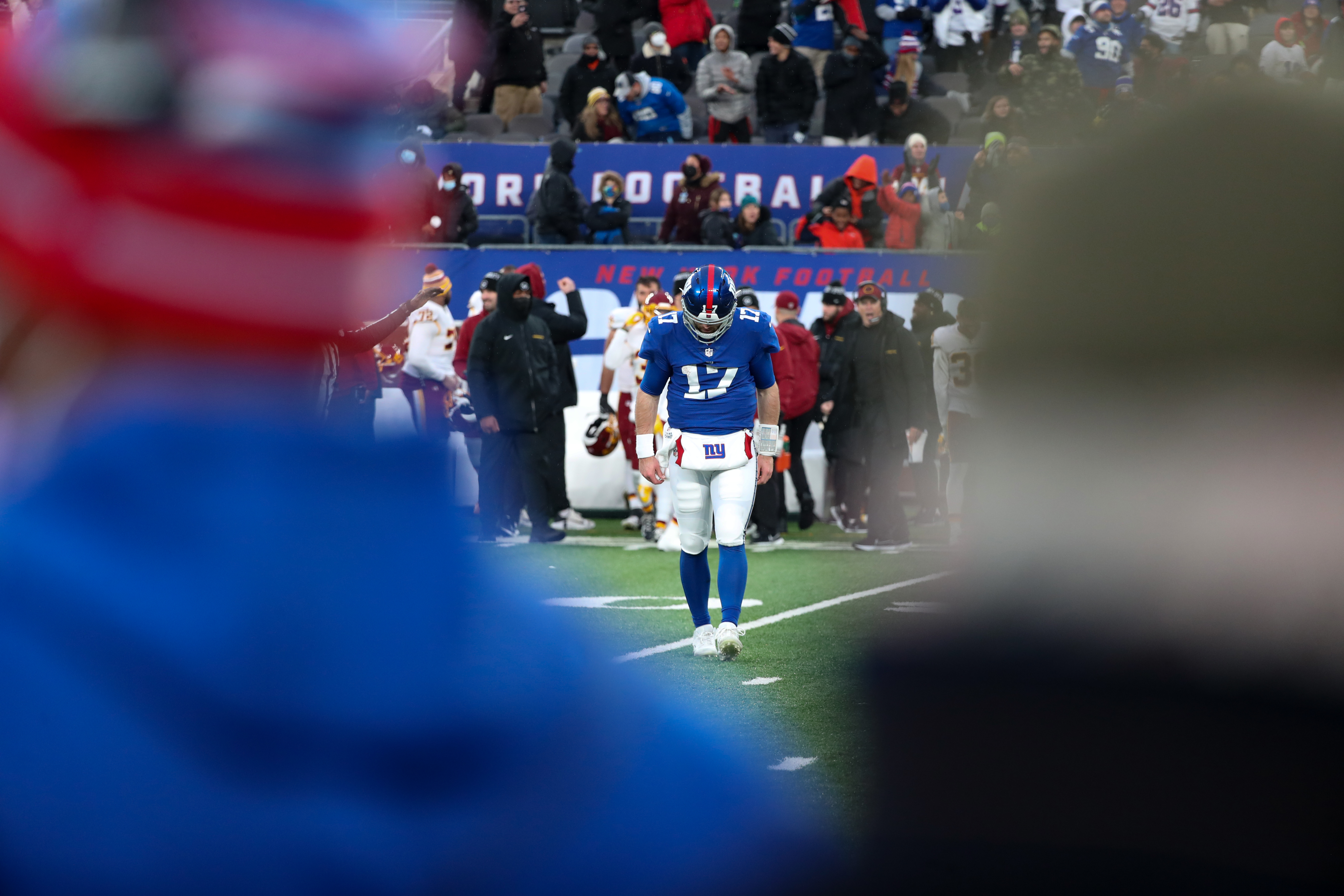 New York Giants quarterback Jake Fromm (17) reacts after he threw a game-ending interception during the fourth quarter against the Washington Football Team on Sunday, Jan. 9, 2022 in East Rutherford, N.J. Washington won, 22-7.