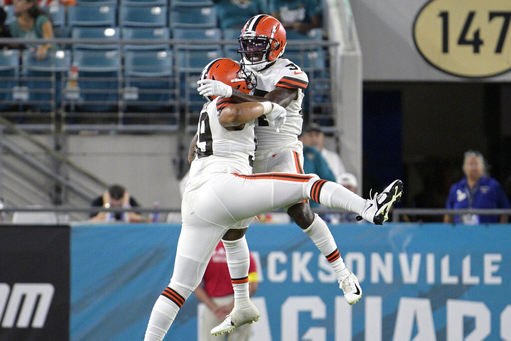 Cleveland Browns wide receiver Travell Harris (83) walks off the field at  the end of an NFL preseason football game against the Jacksonville Jaguars,  Friday, Aug. 12, 2022, in Jacksonville, Fla. The