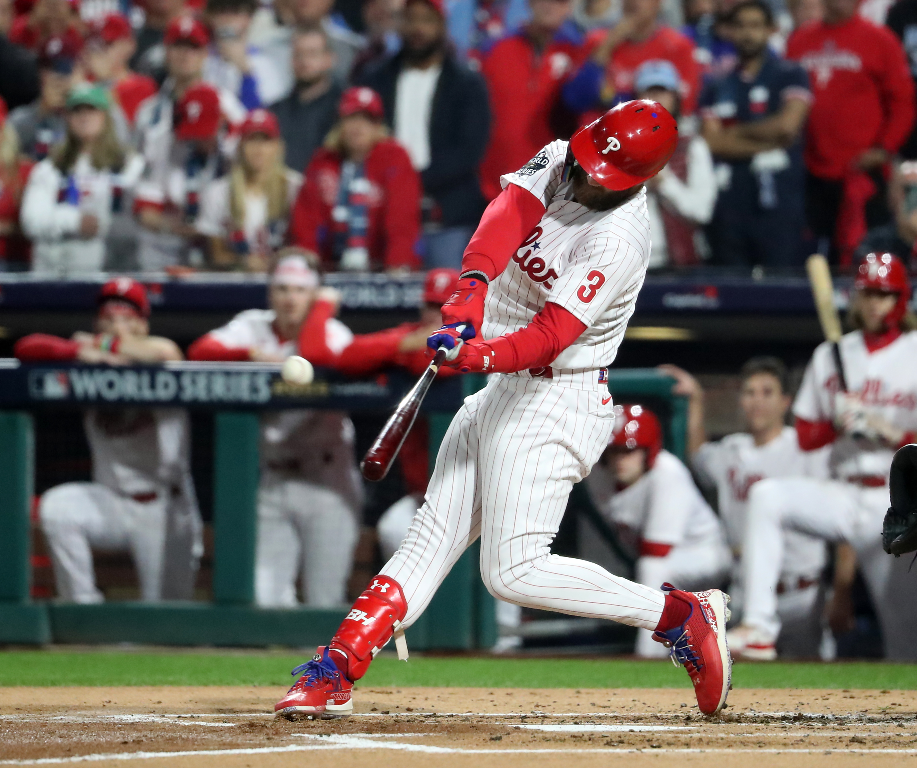 Bryce Harper (3) of the Philadelphia Phillies hits a 2-run home run in the first inning during World Series Game 3 against the Houston Astros at Citizens Bank Park, Tuesday, Nov. 1, 2022.