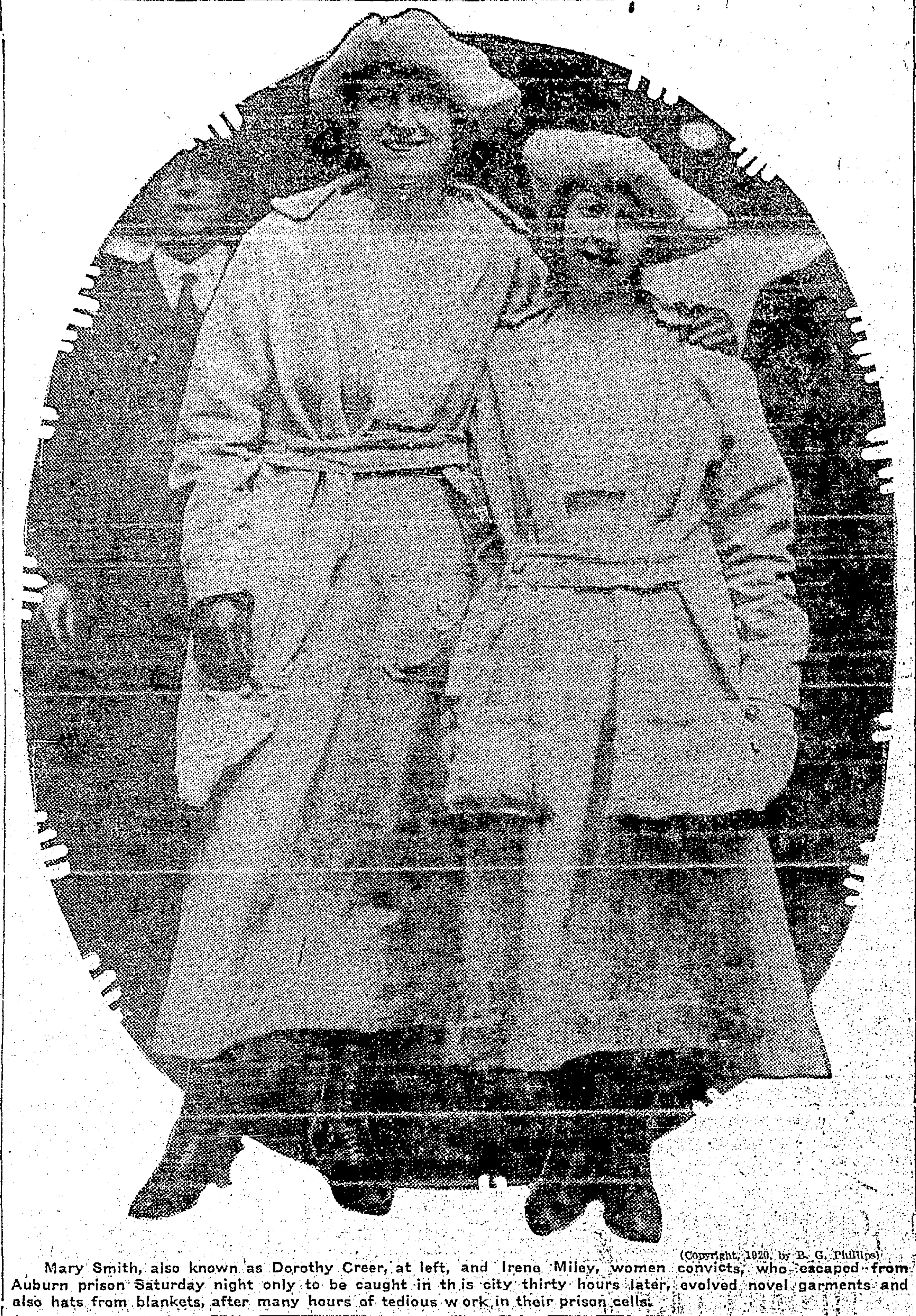 1920: Dressed in their own homemade disguises, two female inmates