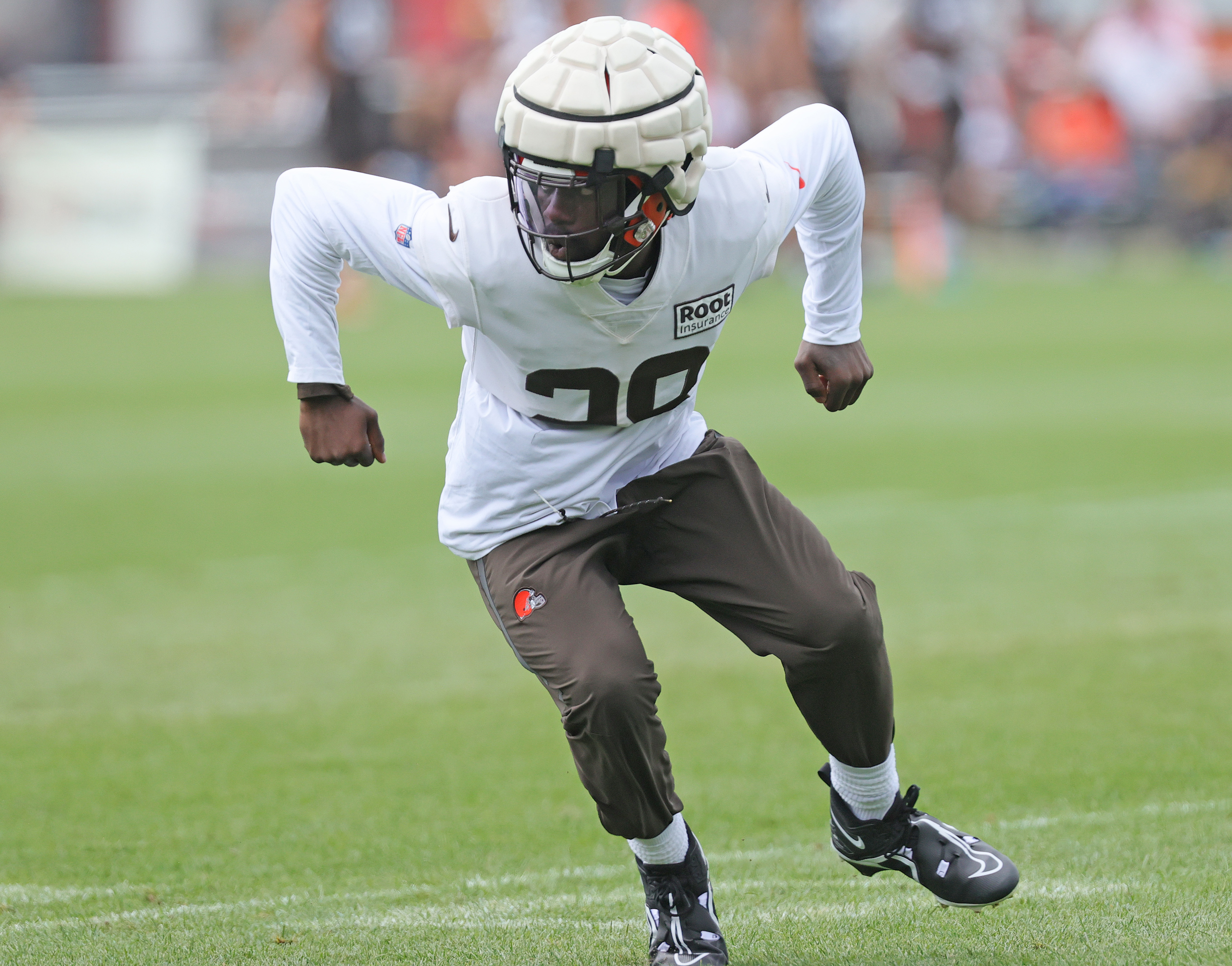 Cleveland Browns linebacker Jeremiah Owusu-Koramoah runs a drill during an  NFL football rookie minicamp at the team's training camp facility, Friday,  May 14, 2021, in Berea, Ohio. (AP Photo/Tony Dejak Stock Photo 