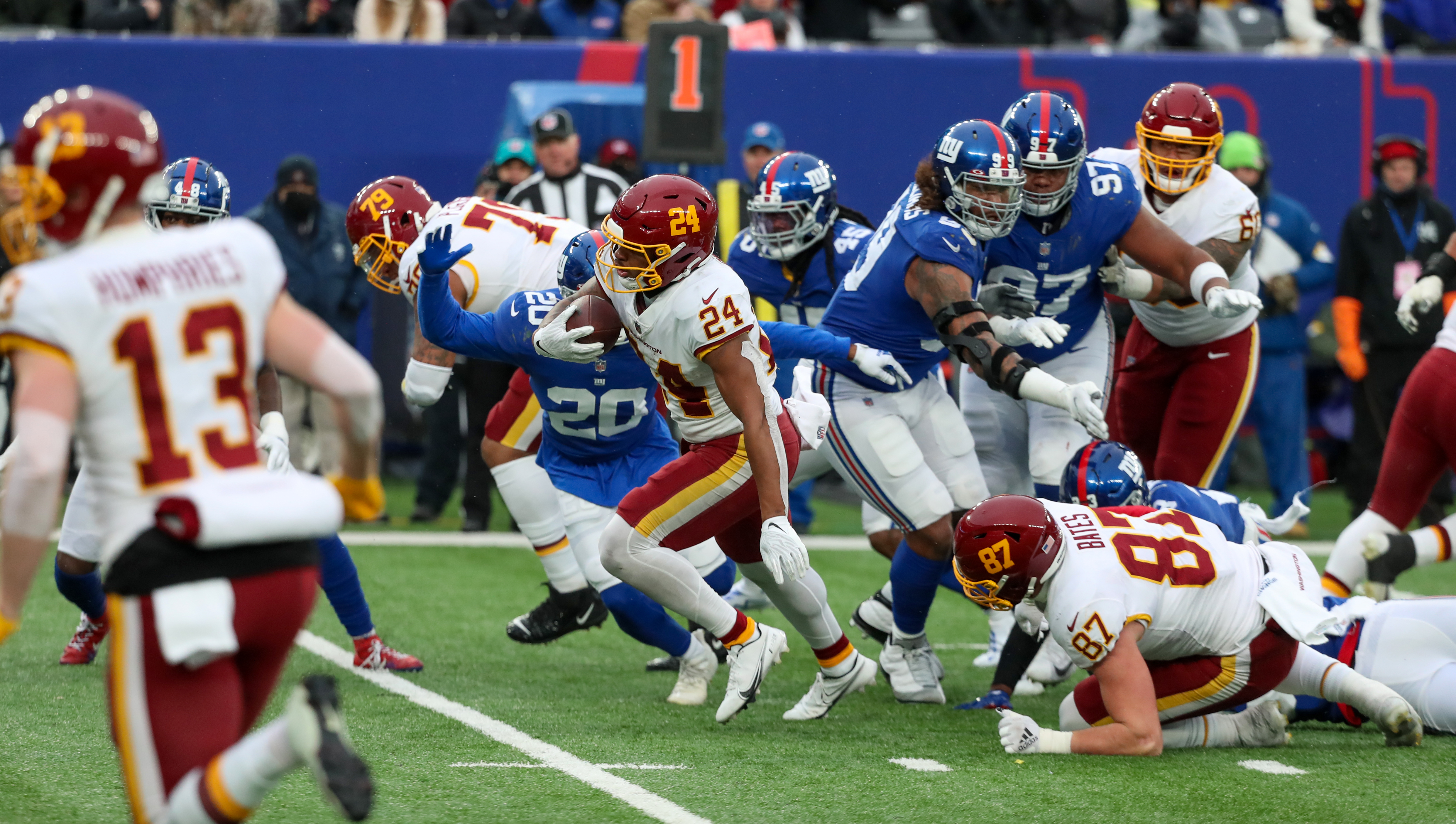 Washington Football Team running back Antonio Gibson (24) scores a rushing touchdown during the fourth quarter against the New York Giants on Sunday, Jan. 9, 2022 in East Rutherford, N.J. Washington won, 22-7.