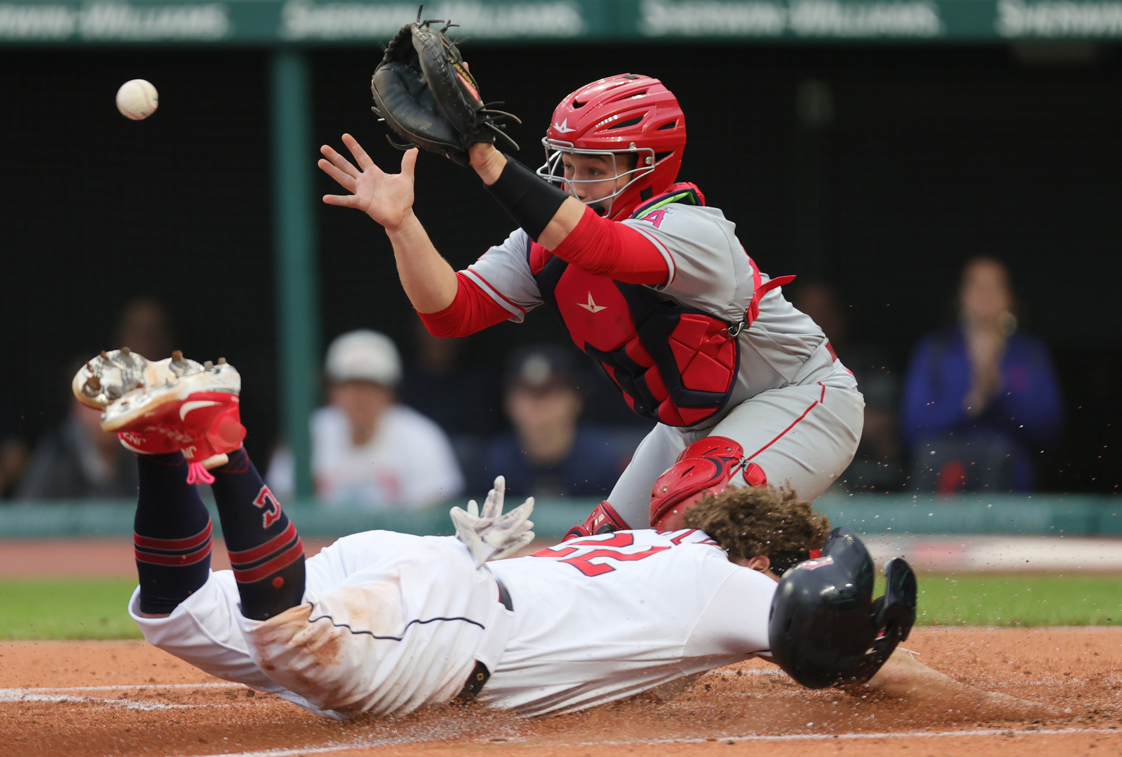 Cleveland, United States. 13th May, 2023. CLEVELAND, OH - Cleveland  Guardians left fielder Steven Kwan (38) bats during a Major League Baseball  game against the Los Angeles Angels on May 13, 2023