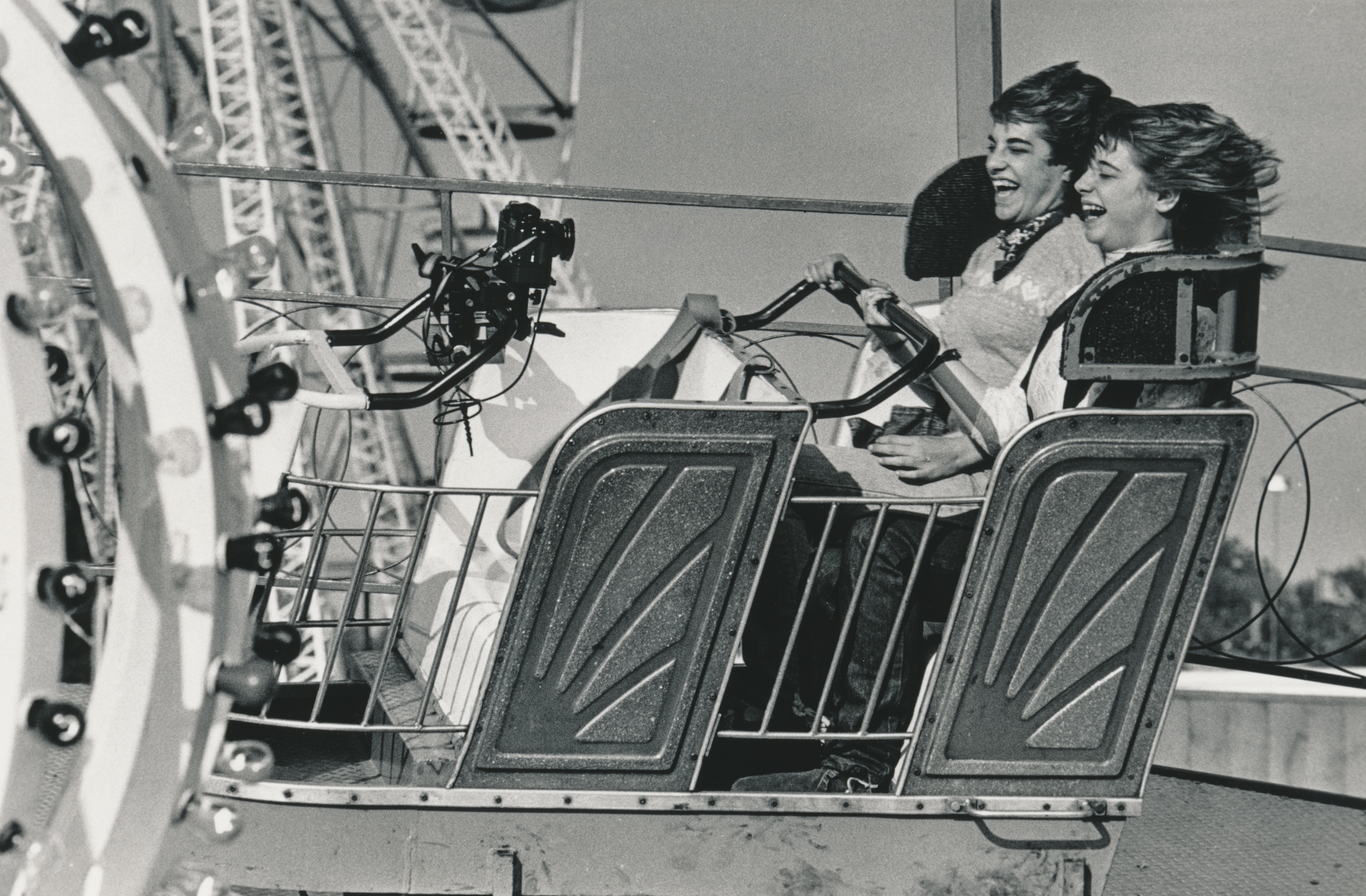 Camera with wireless remote triggering clamped on a ride at Riverside Park in Agawam Massachusetts. 1980s. (Michael S. Gordon / The Republican)