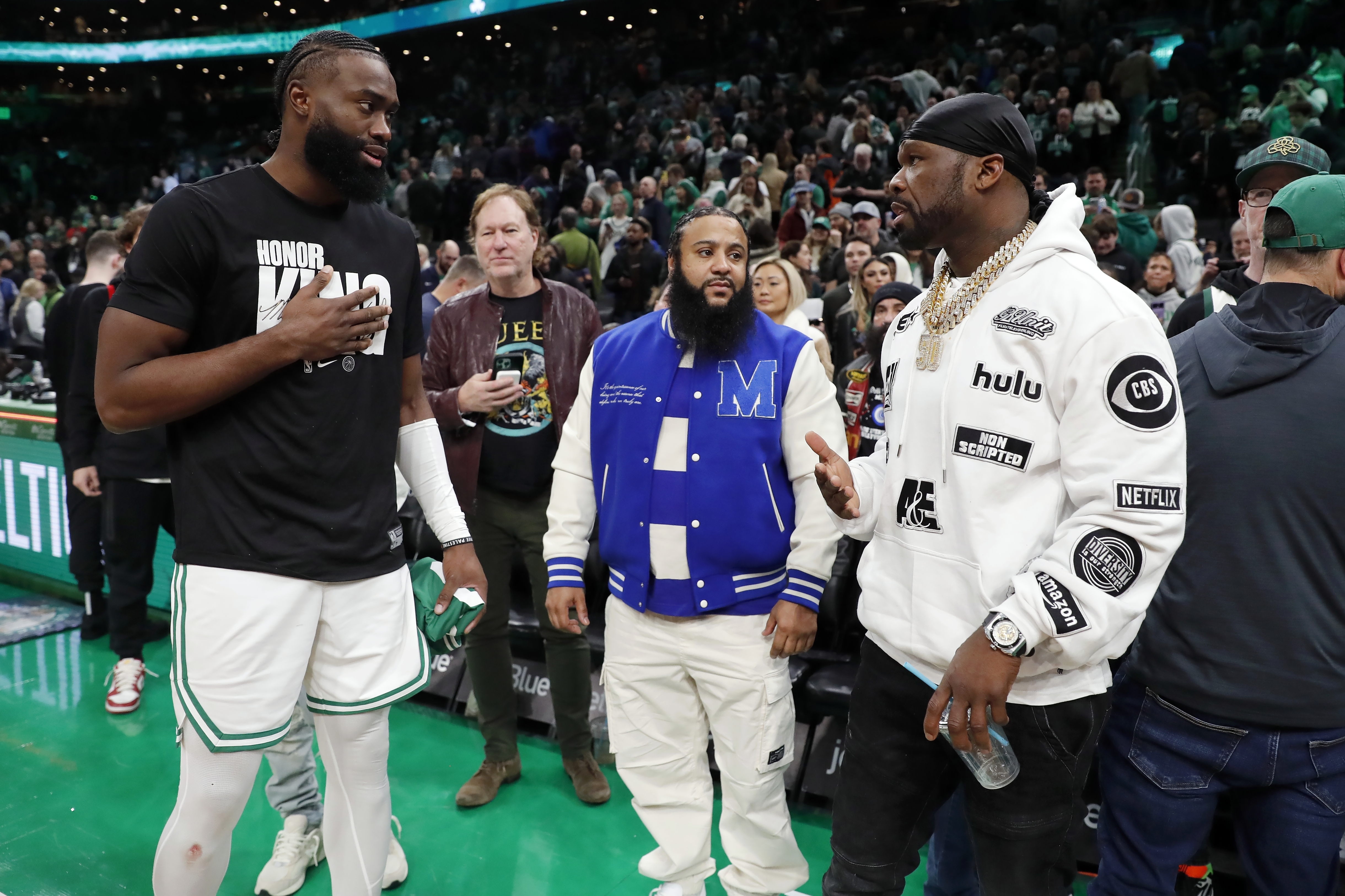Rapper 50 Cent during the first half of an NBA basketball game between the Boston Celtics and the Houston Rockets, Saturday, Jan. 13, 2024, in Boston.