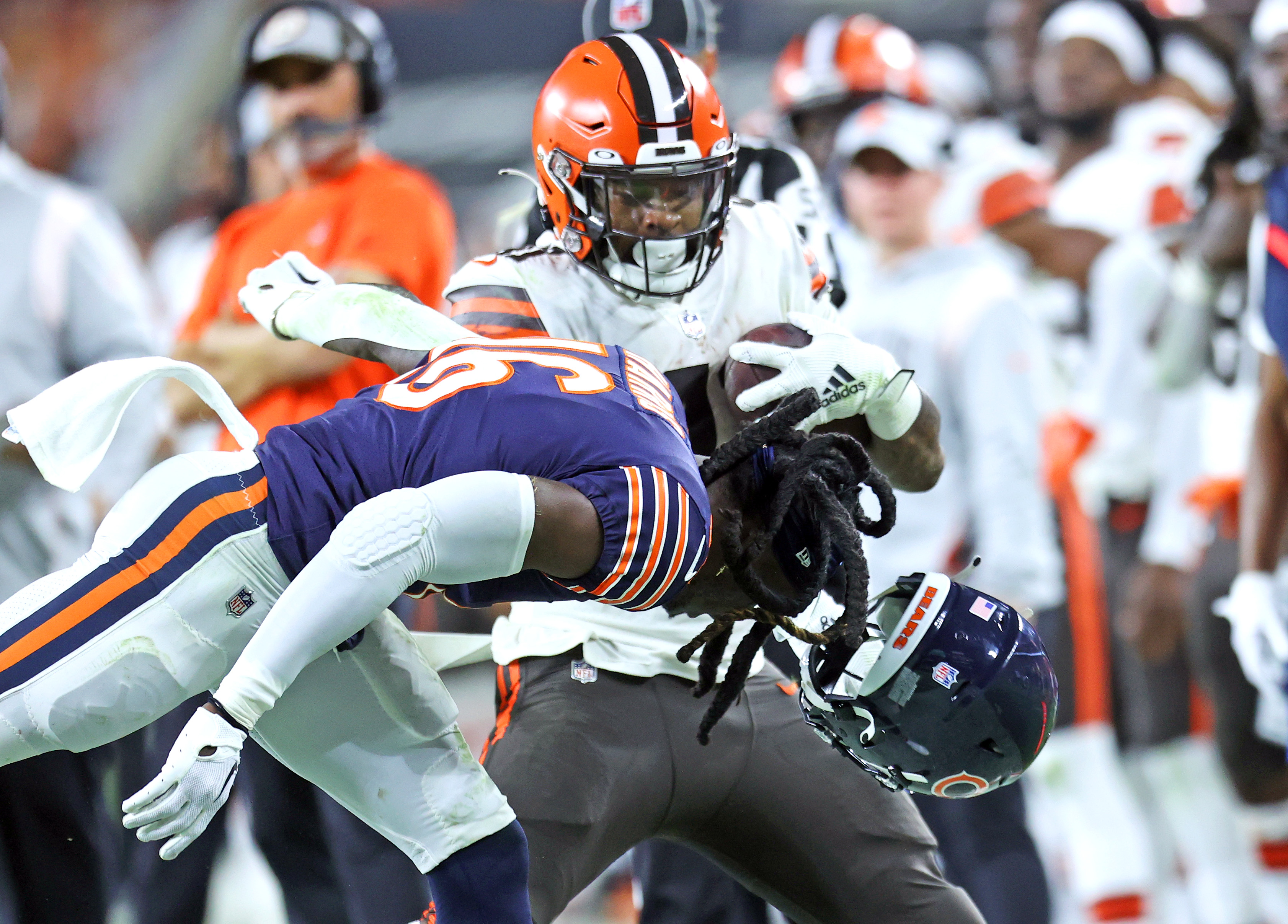 Chicago Bears tight end Ryan Griffin (84) celebrates after making a  touchdown against the Cleveland Browns during the first half of an NFL  preseason football game, Saturday, Aug. 27, 2022, in Cleveland. (