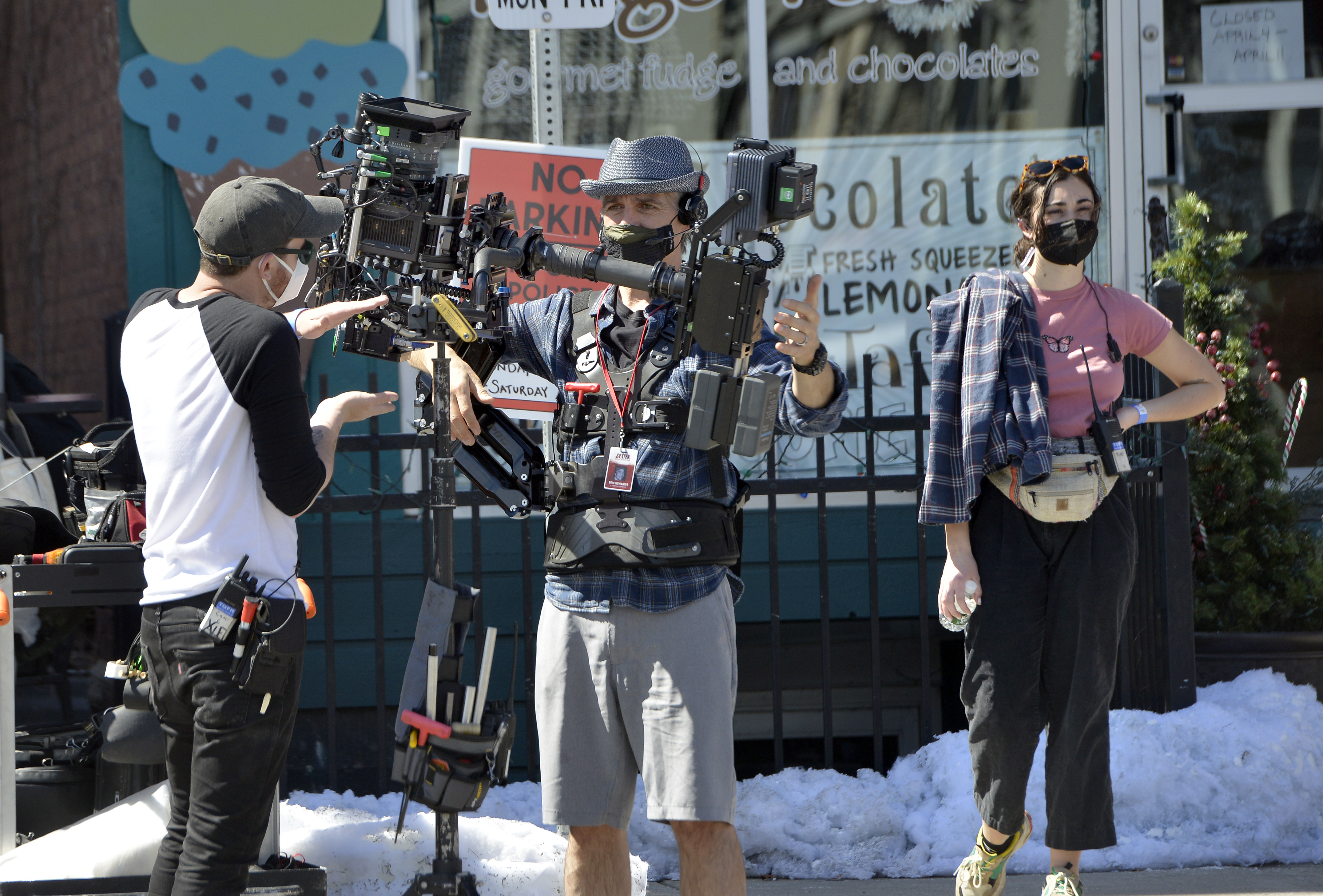 Camera operators chat before filming a scene from the reboot of the show Dexter, filming now in Shelburne Falls.  (Don Treeger / The Republican)