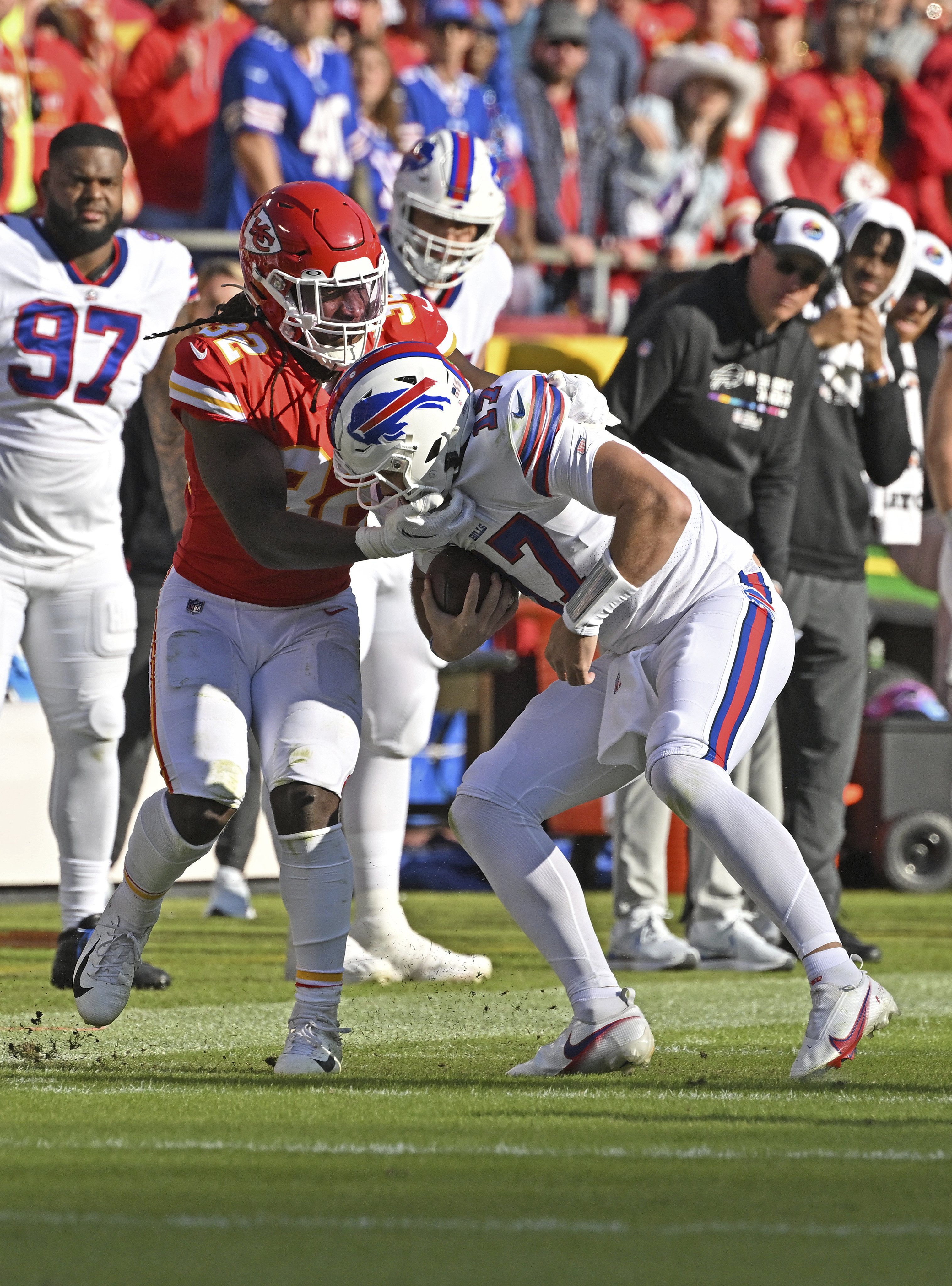 Buffalo Bills defensive tackle DaQuan Jones (92) walks off the field after  an NFL football game against the Kansas City Chiefs Sunday, Oct. 16, 2022,  in Kansas City, Mo. (AP Photo/Peter Aiken