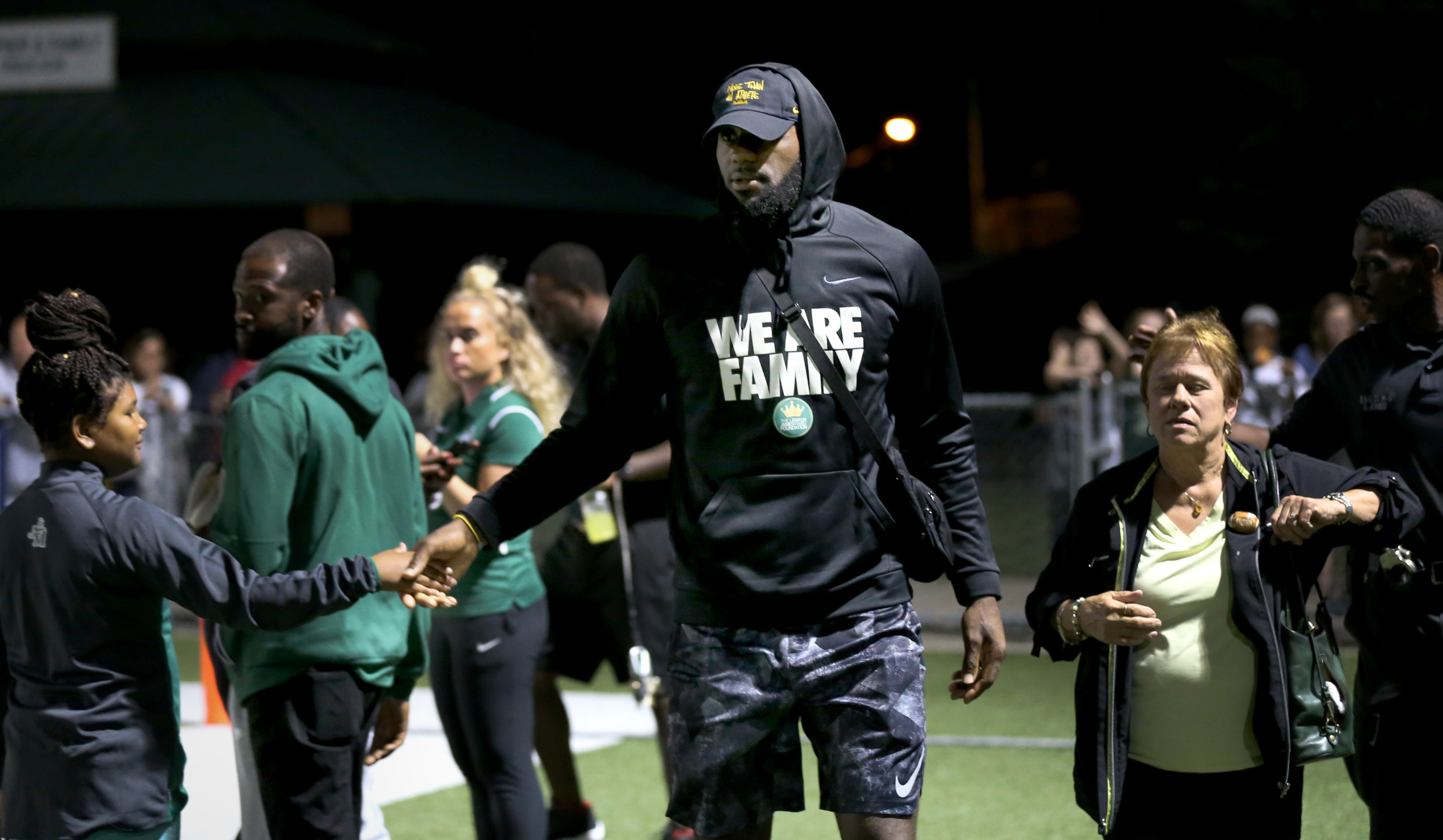 LeBron James, formerly of the Cleveland Cavaliers, now with the Los Angeles Lakers, was on the sideline during the SVSM-Benedictine football game in Akron, OH, Friday, September 7, 2018.  (Marvin Fong / The Plain Dealer) 