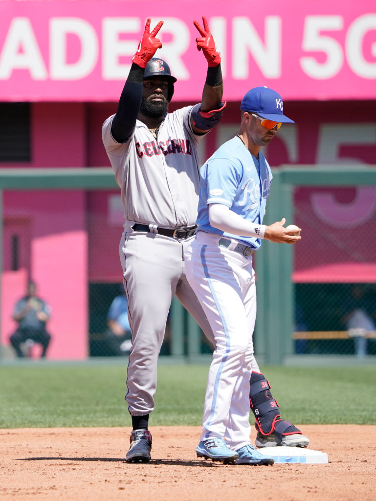 Kansas City Royals left fielder Franmil Reyes catches a fly ball