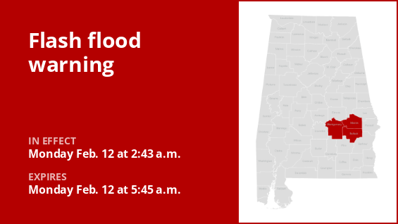 A flash flood warning is impacting central Alabama until early Monday morning