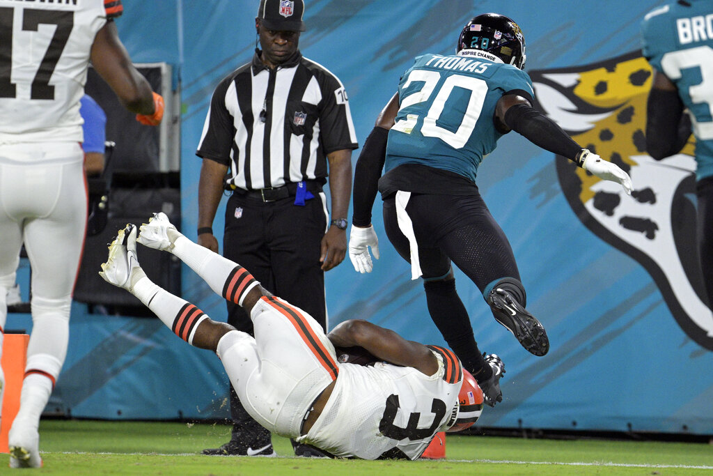 Cleveland Browns wide receiver Travell Harris (83) walks off the field at  the end of an NFL preseason football game against the Jacksonville Jaguars,  Friday, Aug. 12, 2022, in Jacksonville, Fla. The