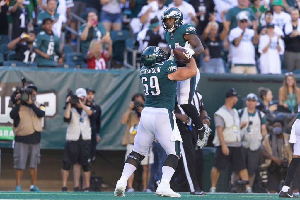 PHILADELPHIA, PA - SEPTEMBER 19: Philadelphia Eagles center Landon Dickerson  (69) looks on during the game between the Philadelphia Eagles and the San  Fransisco 49ers on September 19, 2021 at Lincoln Financial