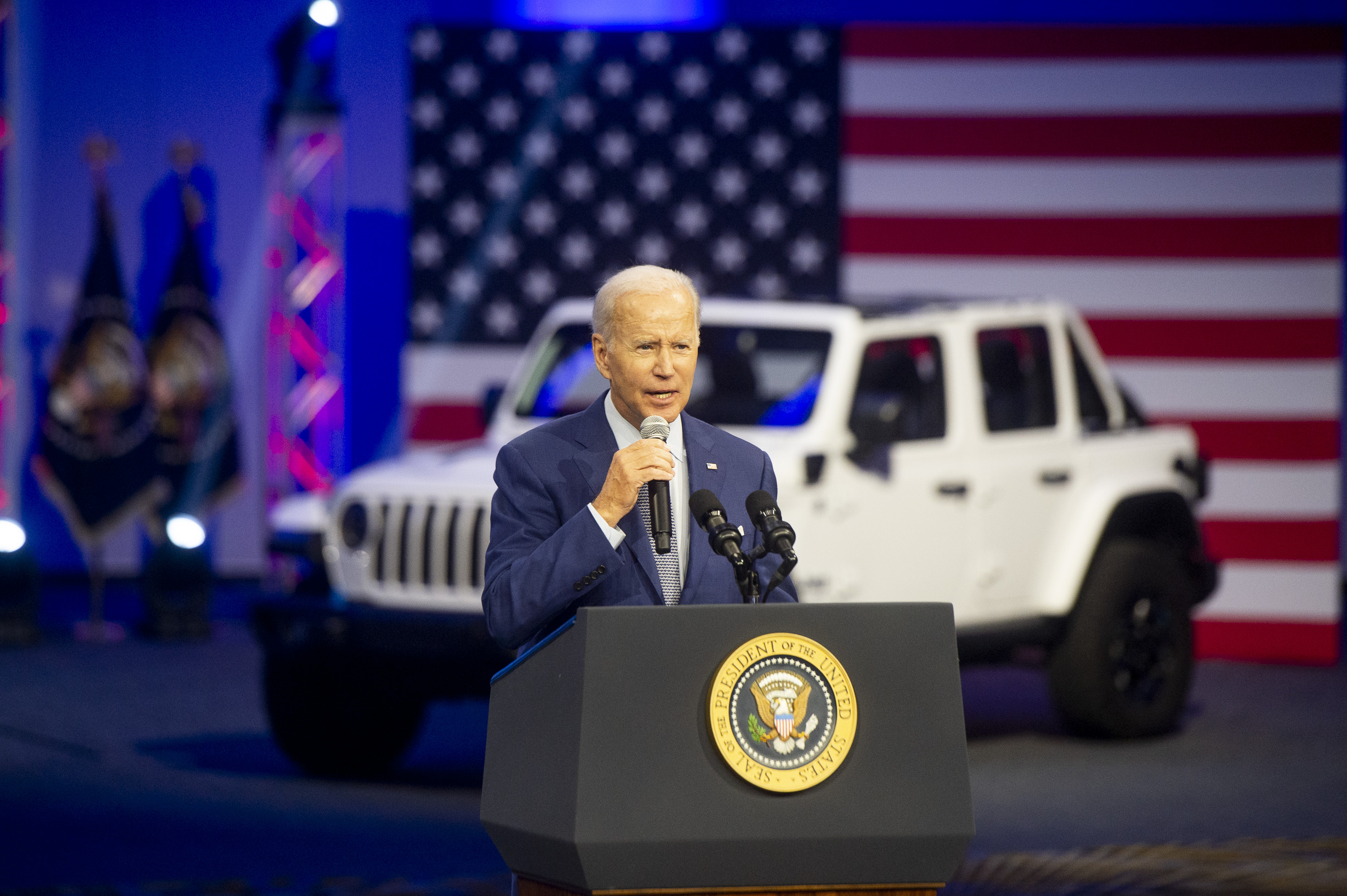 U.S. President Joe Biden speaks during the 2022 North American International Auto Show at Huntington Place in Detroit on Wednesday, Sept. 14 2022.