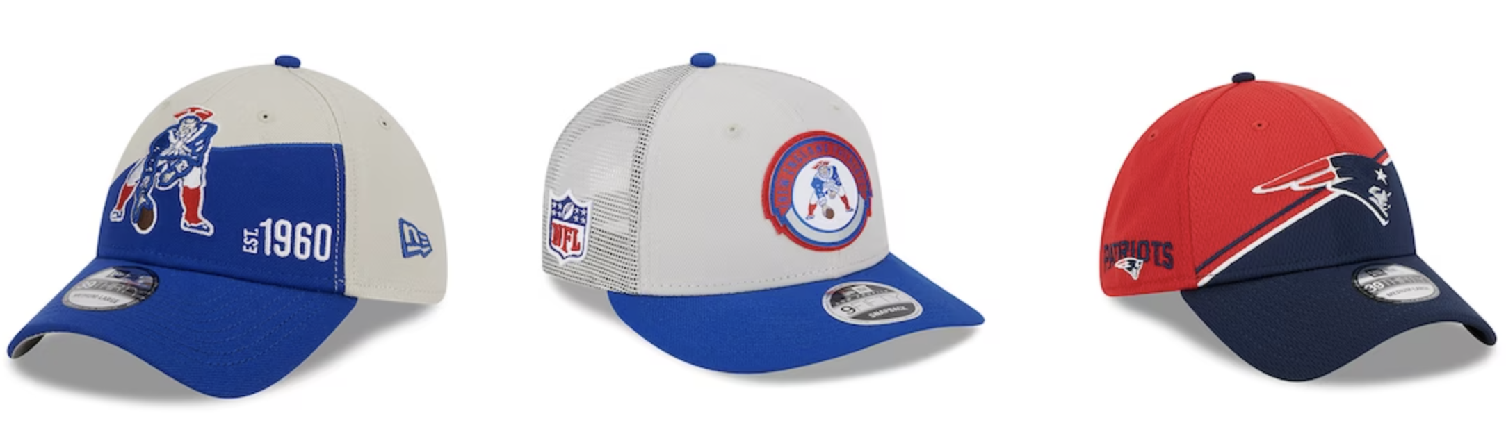 Men's New Era Cream/Blue England Patriots 2023 Sideline Historic Pom Cuffed Knit Hat
