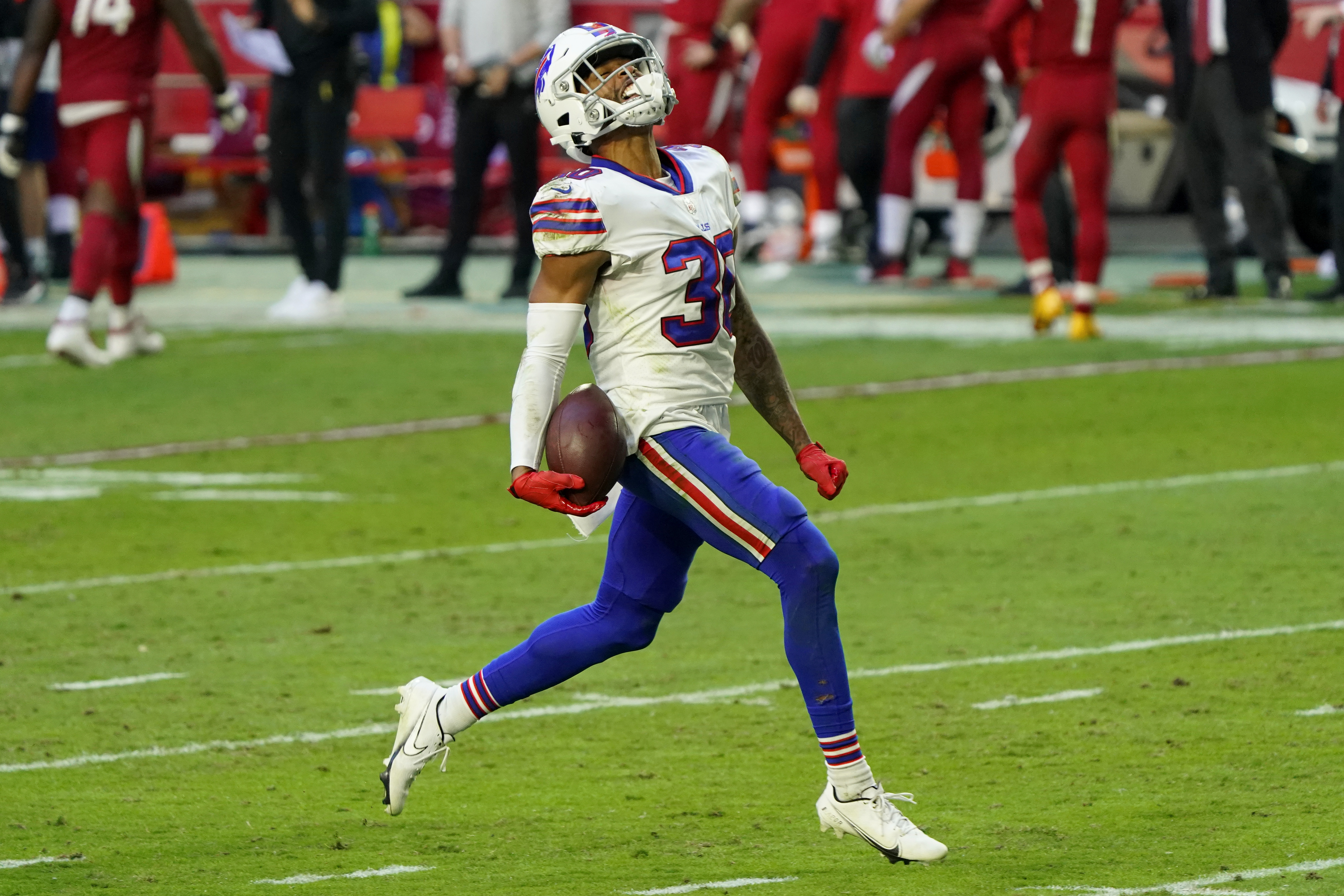 Buffalo Bills cornerback Dane Jackson runs on the field for player