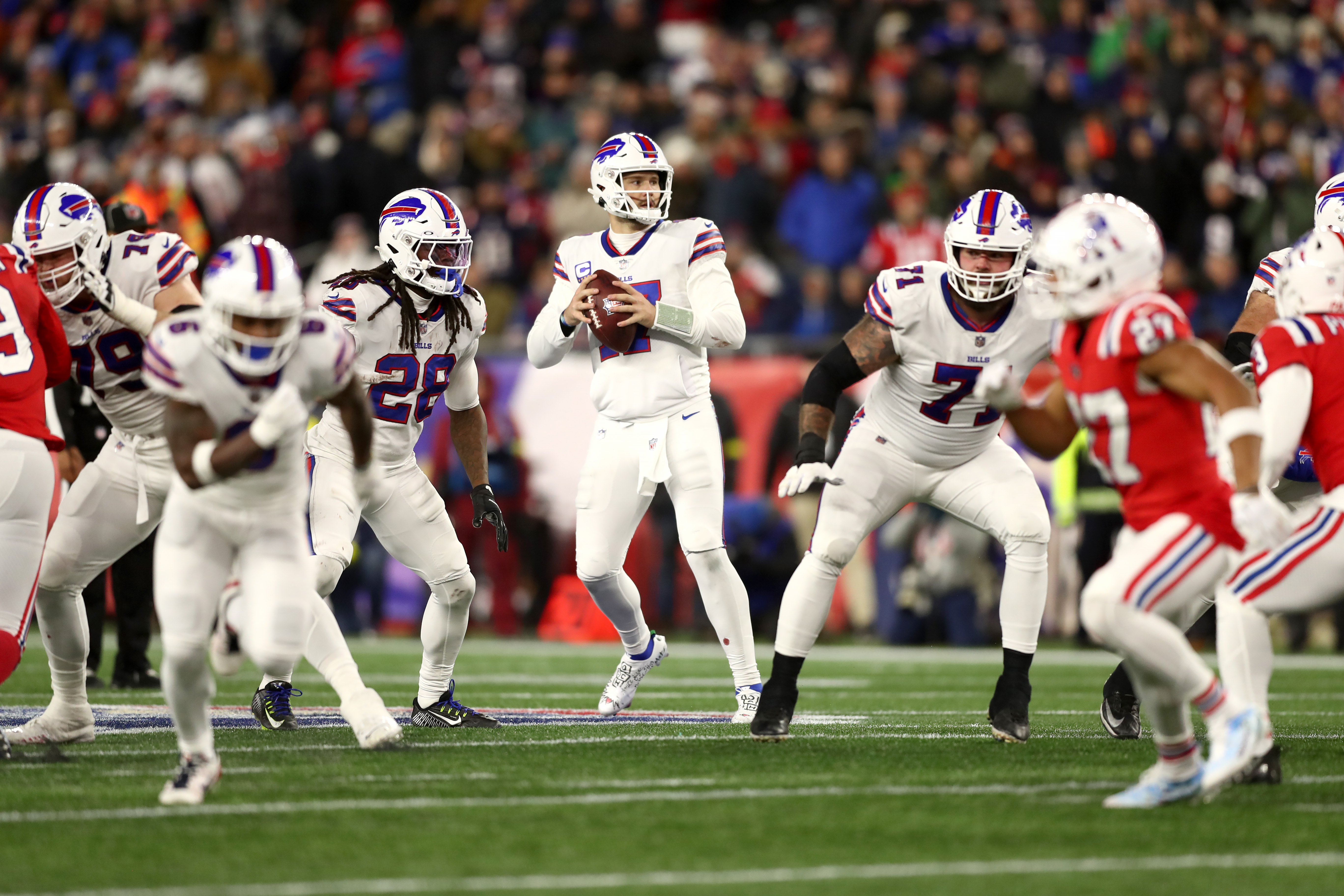 Dawson Knox of the Buffalo Bills catches a pass in front of Justin