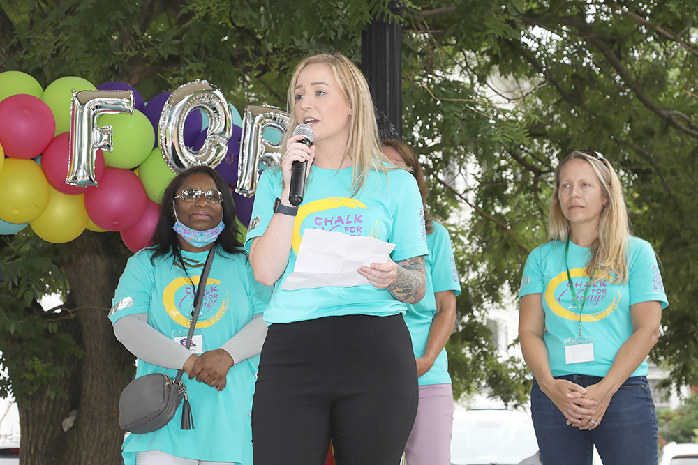 Rachael Casey from the CDC Foundation spoke at Chalk for Change 2022 taking place at Court Square in Springfield on July 16th. (Ed Cohen Photo)