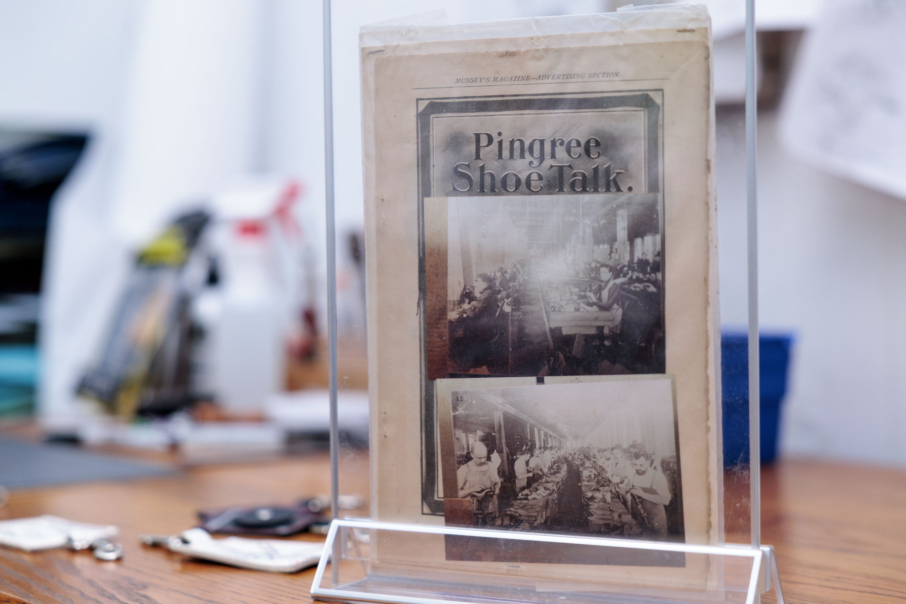 An old magazine advertisement for Pingree Detroit’s namesake - former Detroit Mayor Hazen Pingree’s shoe manufacturing business - at Pingree Detroit, 15707 Livernois in Detroit on Monday, Oct. 6 2025.