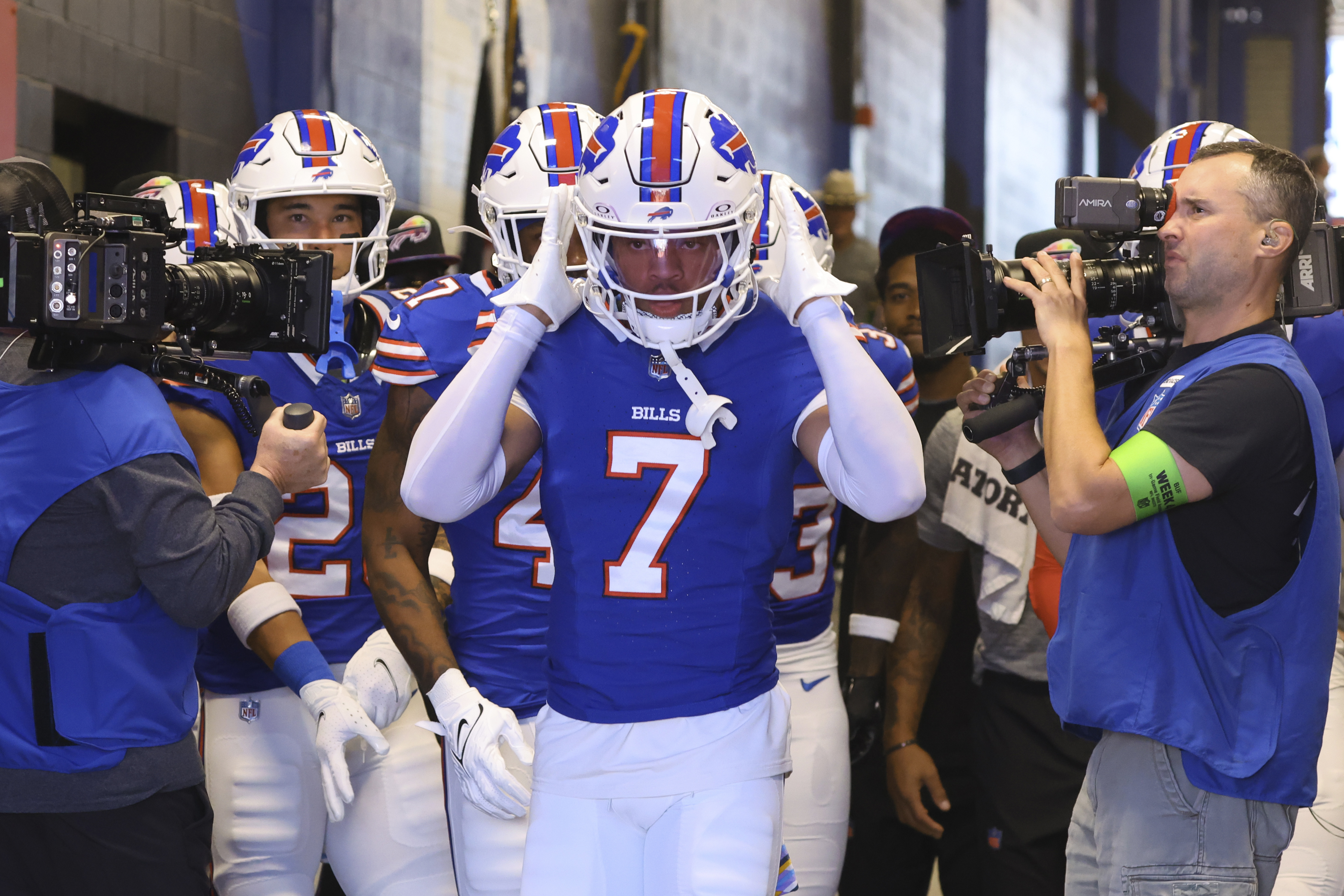 Buffalo Bills quarterback Josh Allen wears a Buffalo Sabres jersey as he  speaks to the media following an NFL football game against the Miami  Dolphins, Sunday, Oct. 20, 2019, in Orchard Park