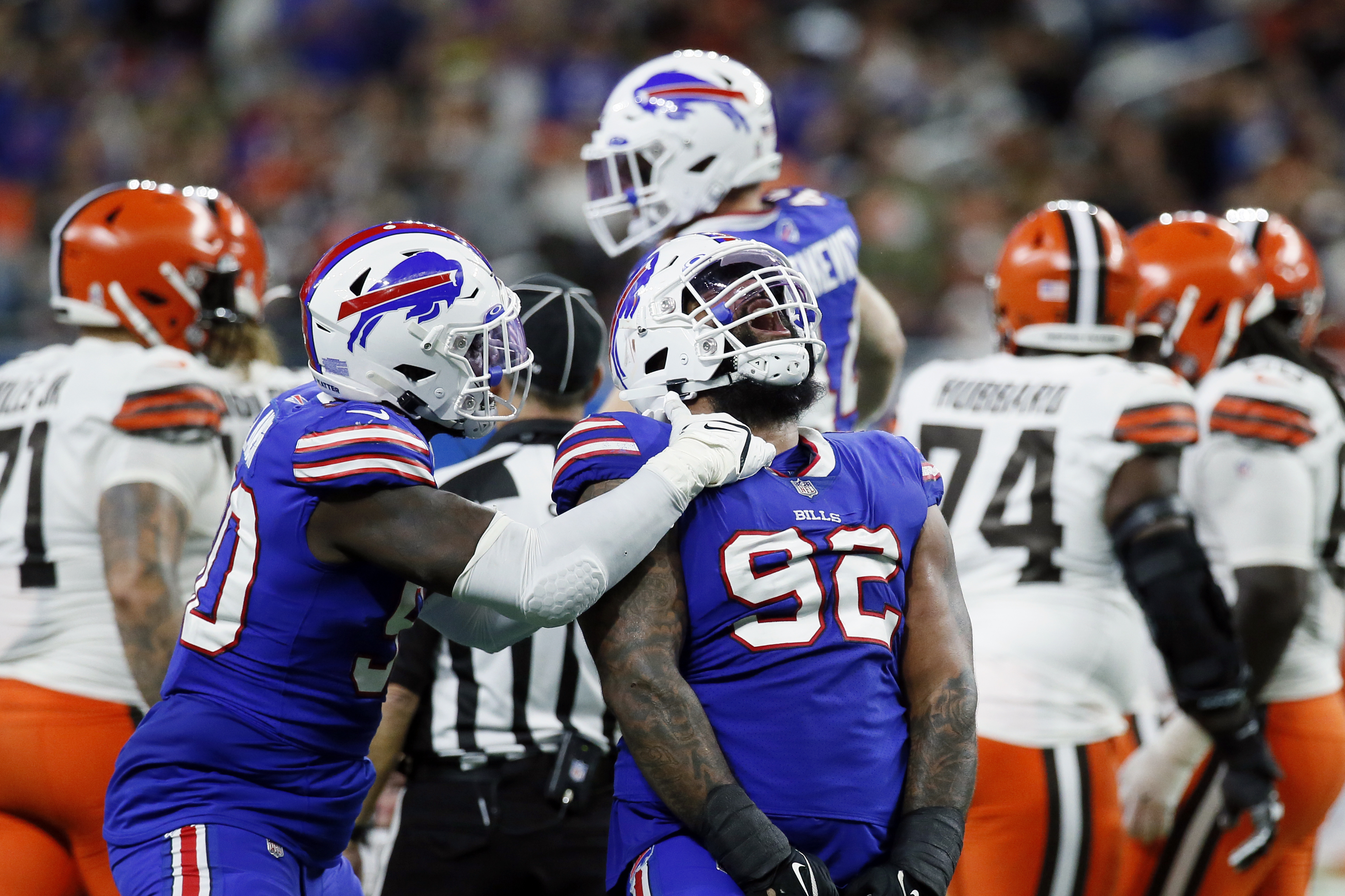 Buffalo Bills defensive tackle DaQuan Jones (92) reacts during the second  half of an NFL football