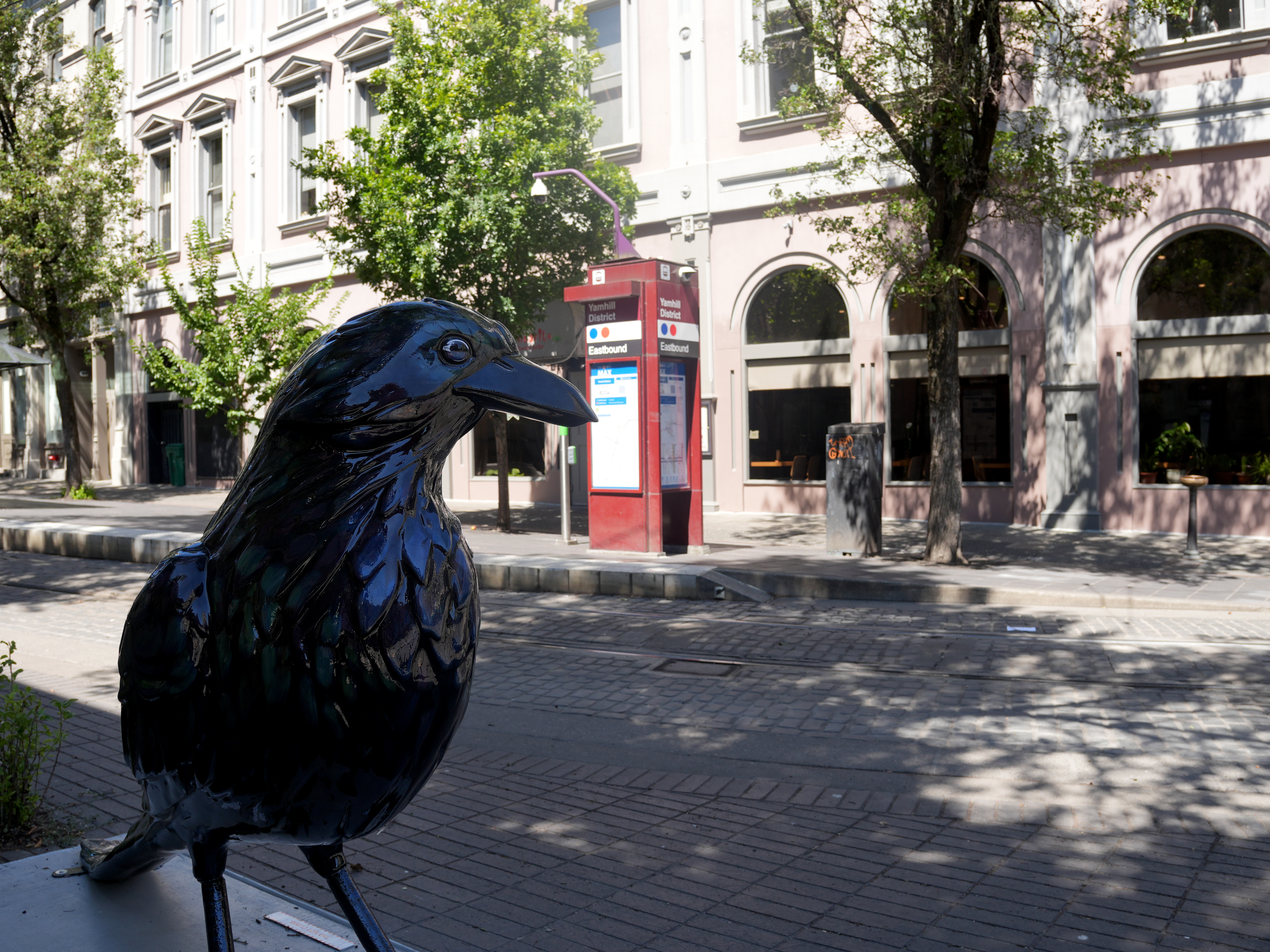 Newly installed crow statue in Portland's Pride Plaza apparently
