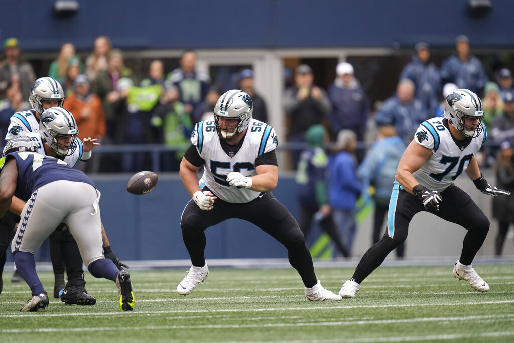 Carolina Panthers center Bradley Bozeman (56) works during the