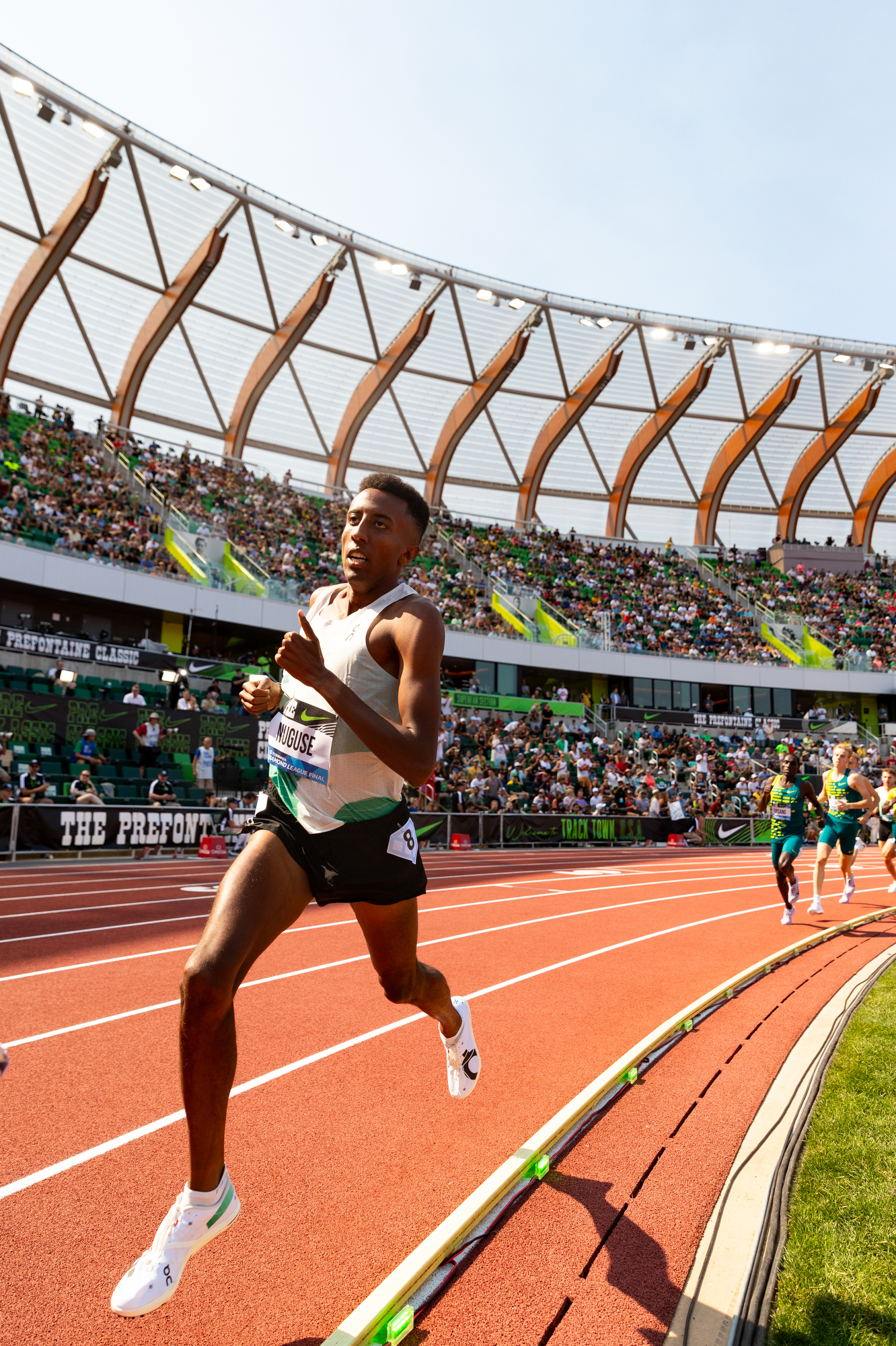 Yared Nuguse of the United States runs during the men’s Bowerman Mile at the Prefontaine Classic track and field meet on Saturday, Sept. 16, 2023, at Hayward Field in Eugene. Nuguse finished second but set a new American record in the mile.
