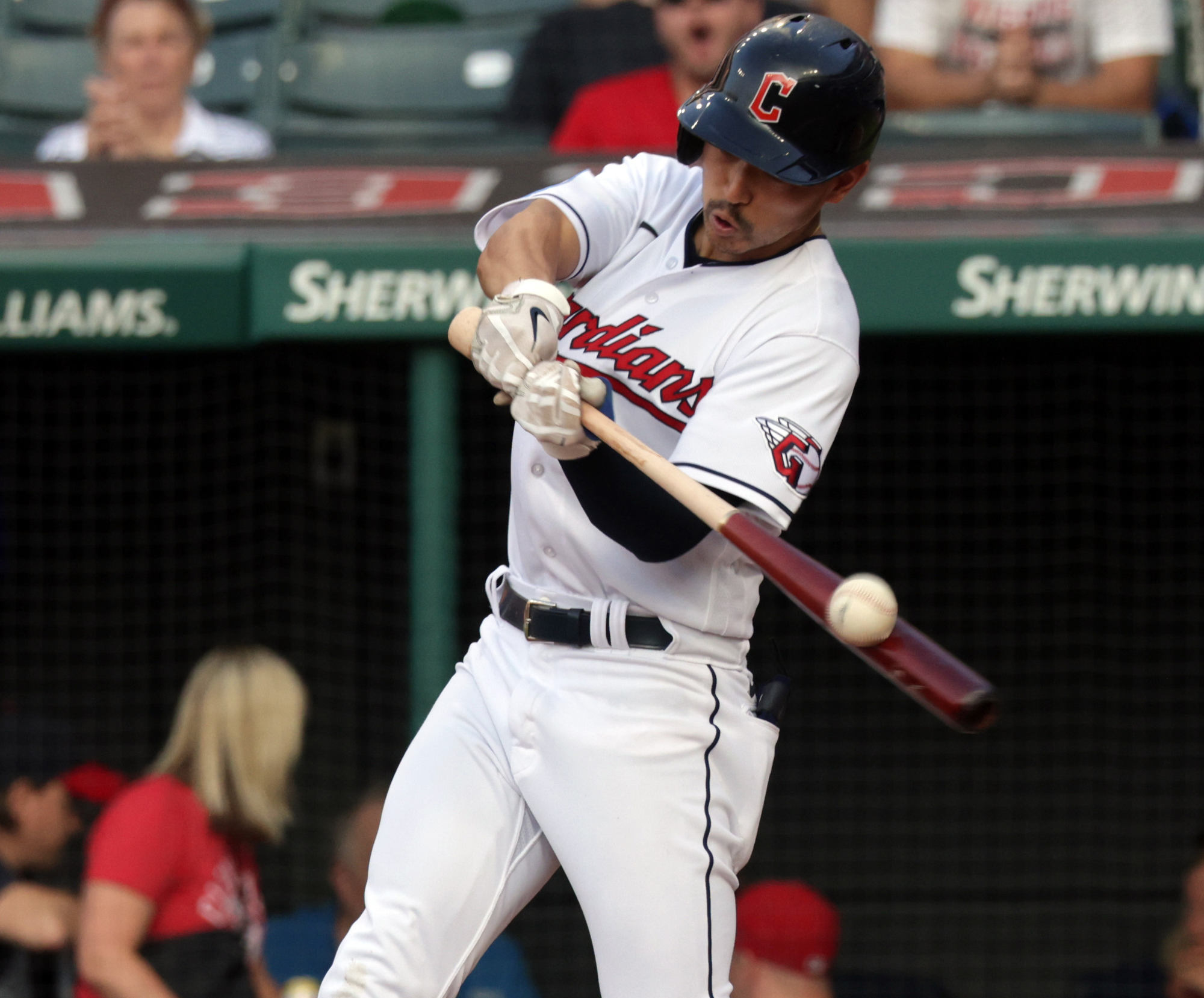 Atlanta Braves left fielder Eddie Rosario catches a fly ball for an out  against Cleveland Guardians' Jose Ramirez in the first inning of a baseball  game Monday, July 3, 2023, in Cleveland. (