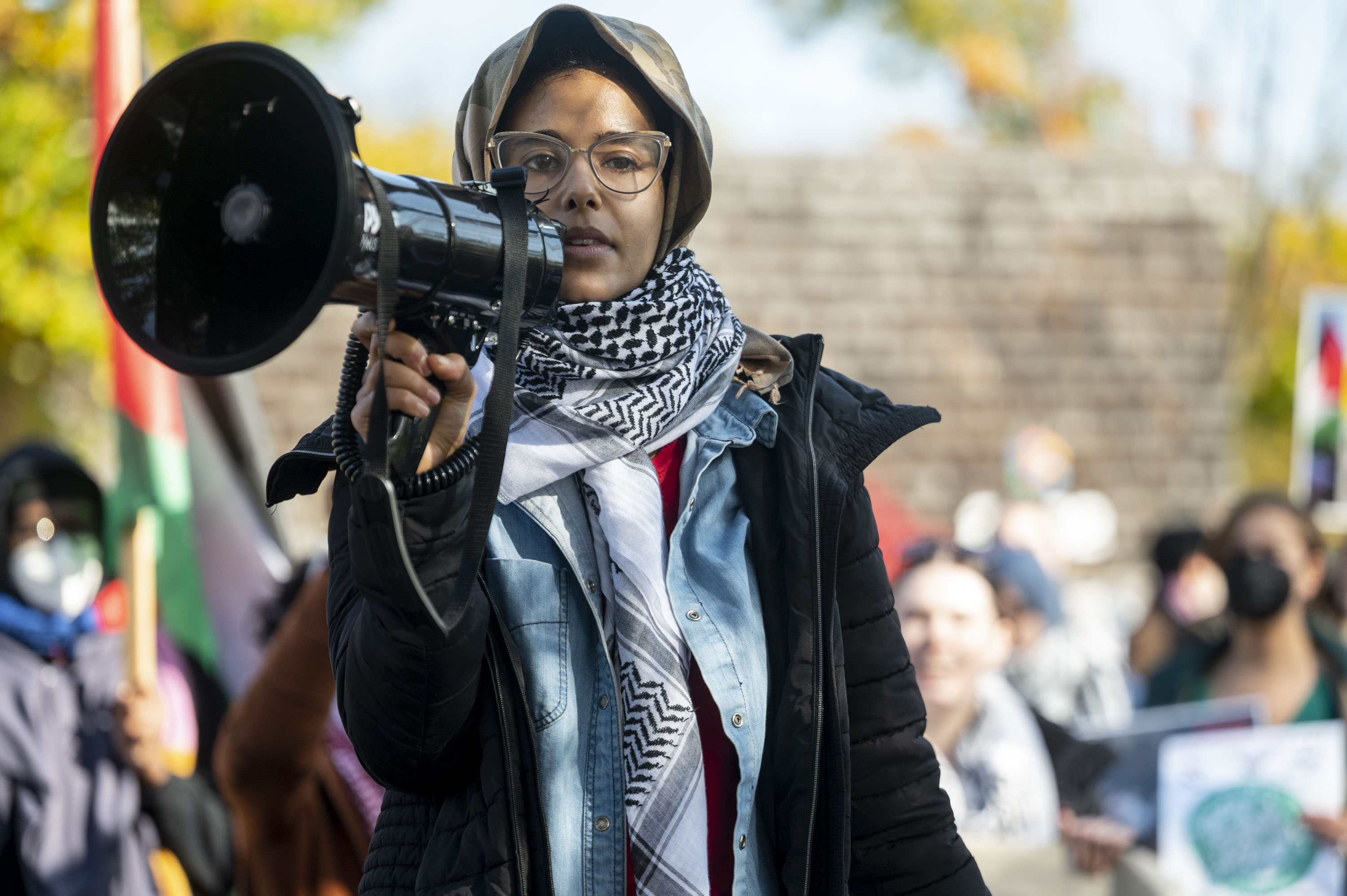 Pro-Palestinian demonstrators protest outside the offices of U.S. Rep ...