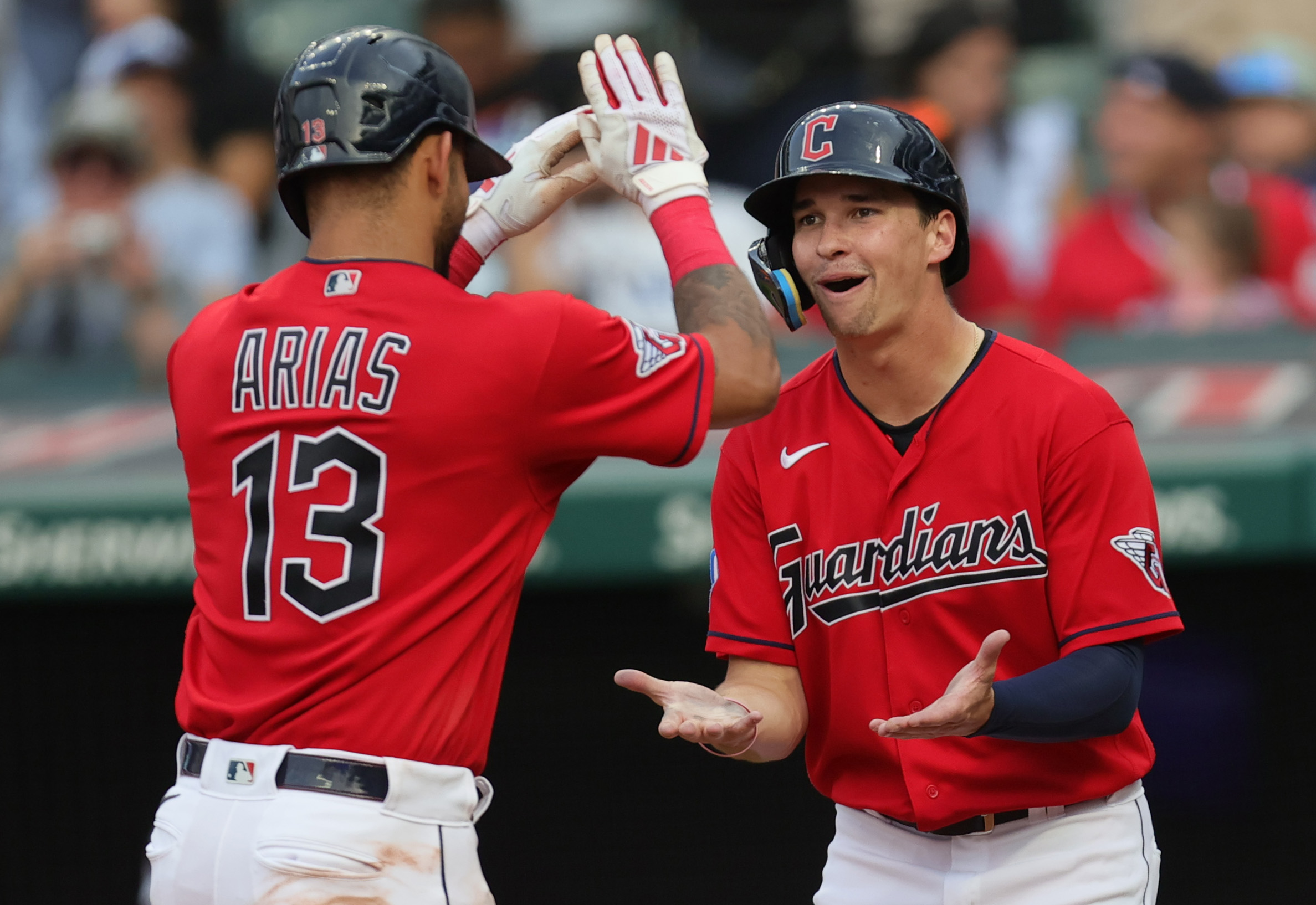 Cleveland Guardians Will Brennan congratulates Guardians Gabriel Arias on his two-run homer off Tampa Bay Rays stating pitcher Zack Littell in the fourth inning, September 2, 2023, at Progressive Field.