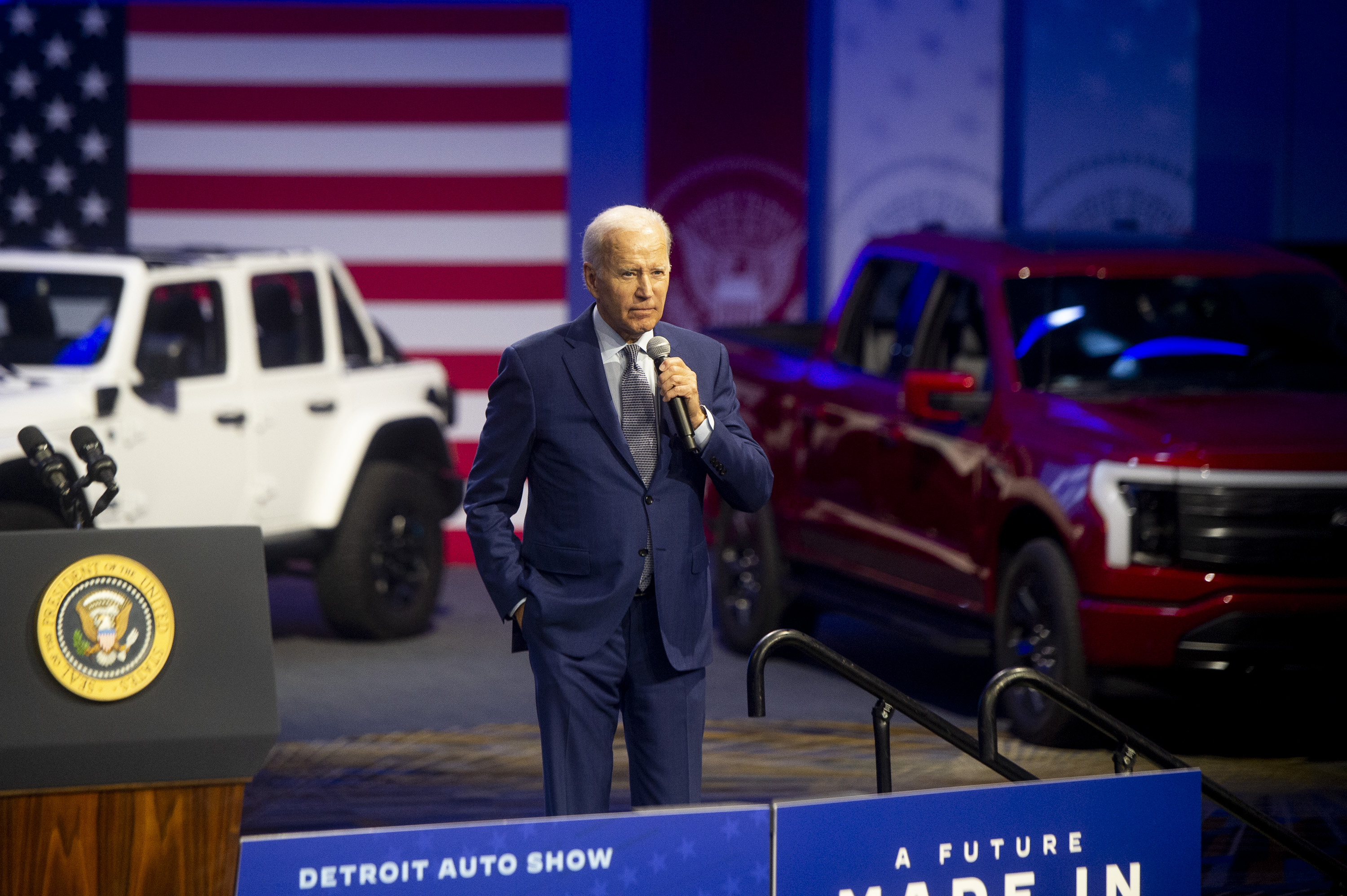 U.S. President Joe Biden speaks during the 2022 North American International Auto Show at Huntington Place in Detroit on Wednesday, Sept. 14 2022.