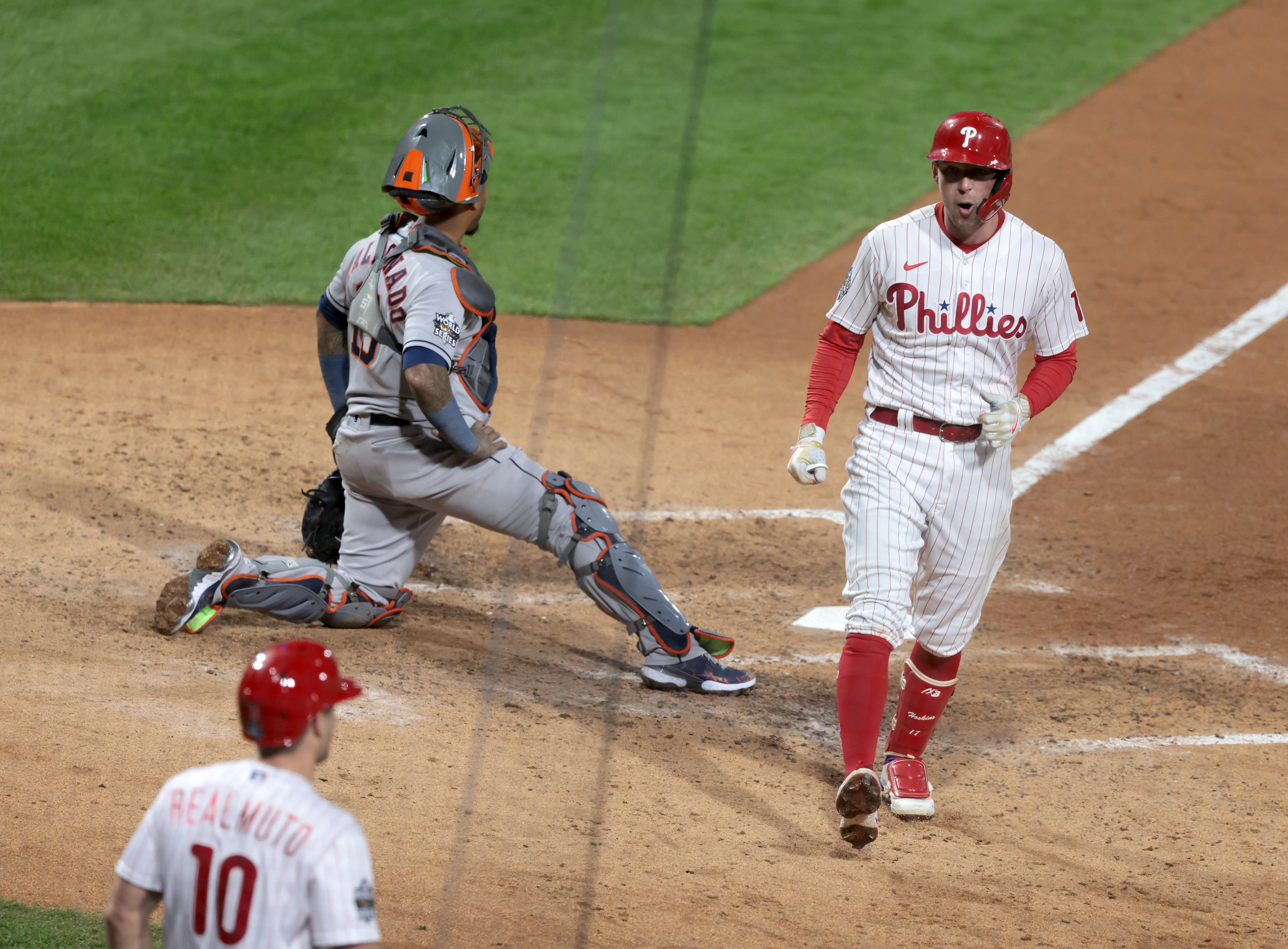 Rhys Hoskins (17) of the Philadelphia Phillies celebrates after hitting a home run vs.the Houston Astros in the fifth inning during Game 3 of the World Series at Citizens Bank Park, Tuesday, Nov. 1, 2022.